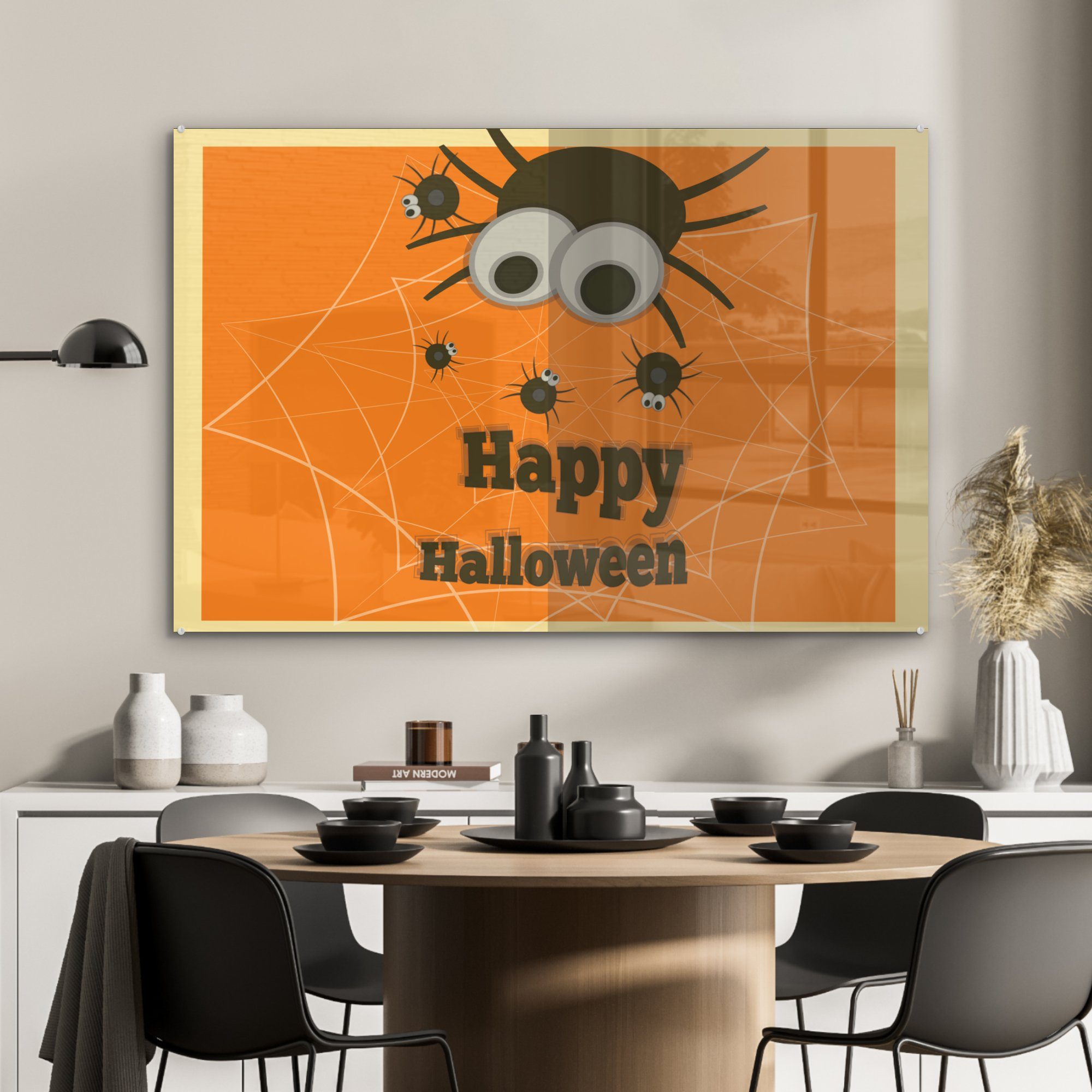mit Schlafzimmer (1 & Halloween' St), Wohnzimmer Happy Hintergrund, Acrylglasbilder MuchoWow auf orangem Spinnen Acrylglasbild