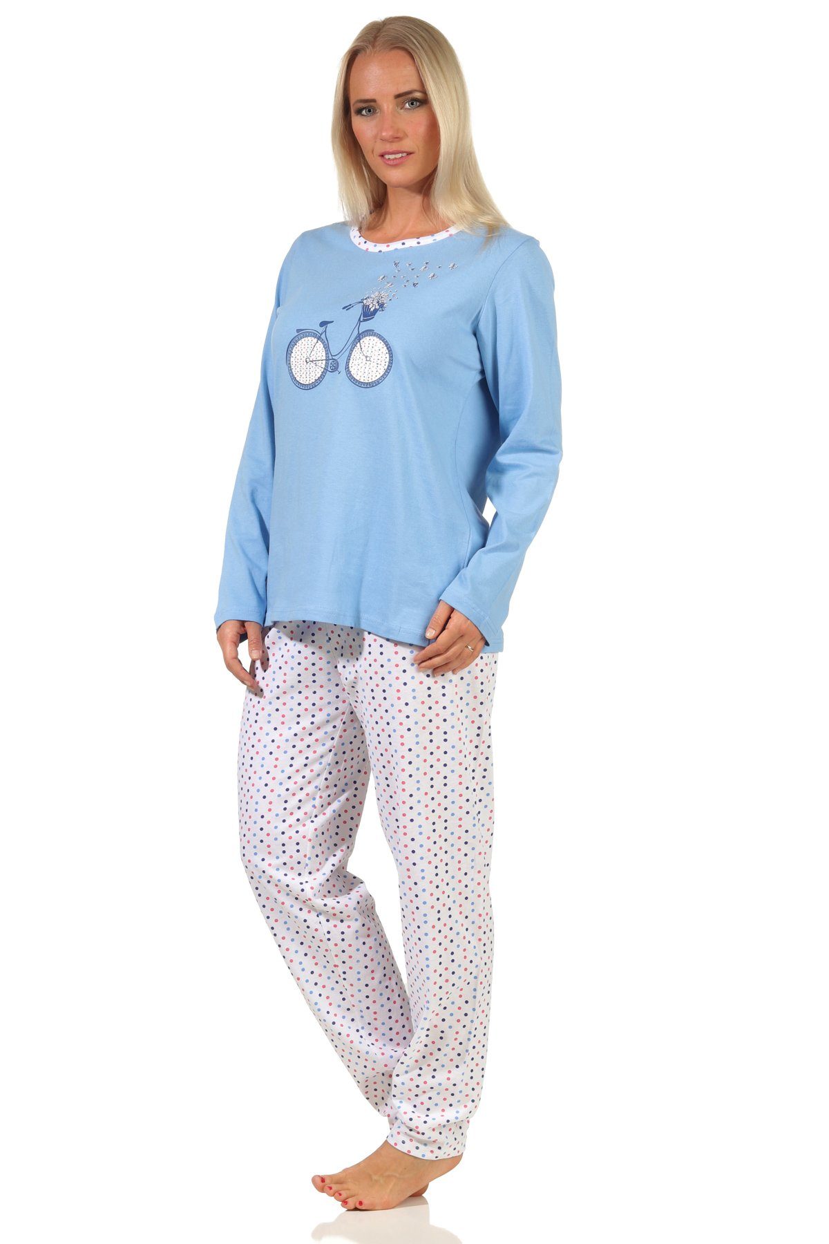 Schlafanzug Optik Normann RELAX Pyjama blau by mit Damen frühlingshafter Punkten in Pyjama langarm
