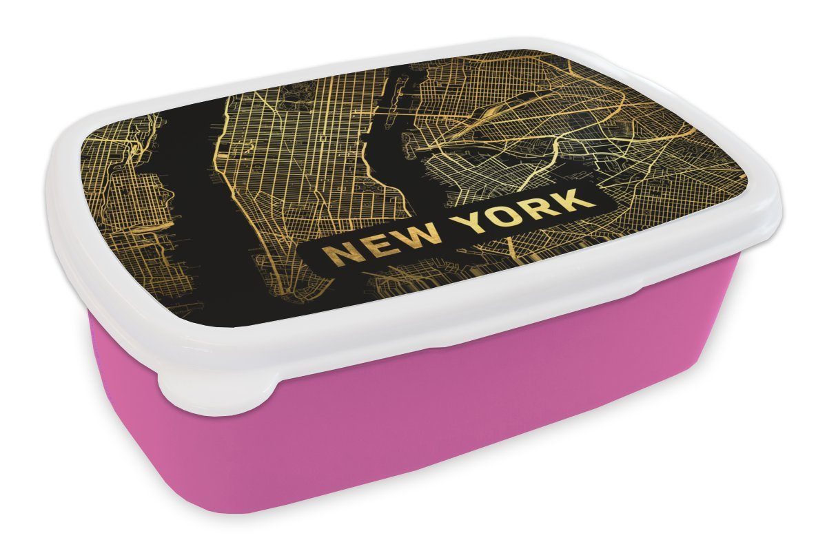 MuchoWow Lunchbox New York - Karte - Zusammenfassung, Kunststoff, (2-tlg), Brotbox für Erwachsene, Brotdose Kinder, Snackbox, Mädchen, Kunststoff rosa