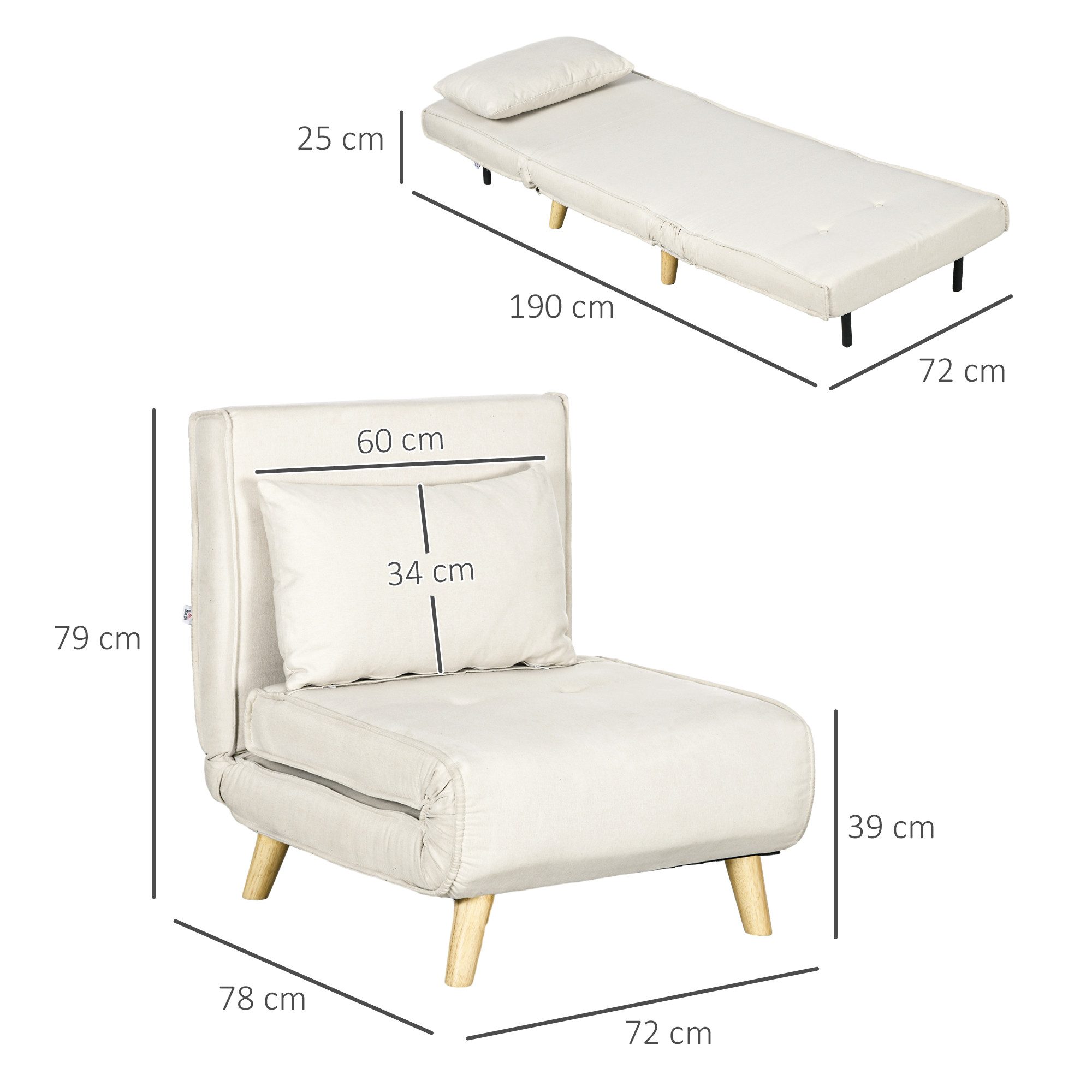 HOMCOM Schlafsofa Schlafsessel klappbar mit Bettfunktion, Gästebett in Leinenoptik, Klappsessel 1 Teile, für Wohnzimmer, Cremeweiß