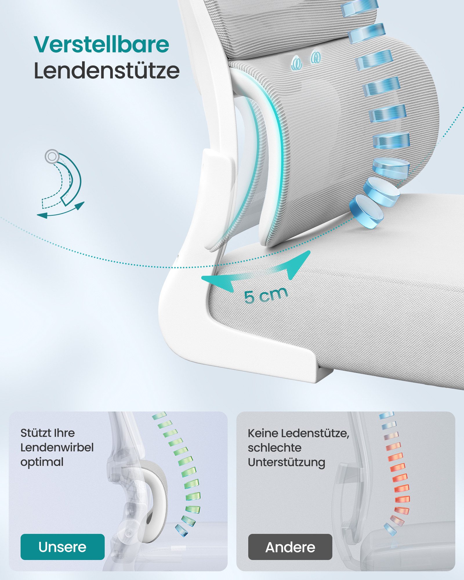 SONGMICS Bürostuhl ergonomischer Netzstuhl, für Homeoffice, mit doppellagigem Netzgewebe, Schreibtischstuhl, adaptive Lendenstütze, verstellbare Kopfstütze – Bild 4 von 5