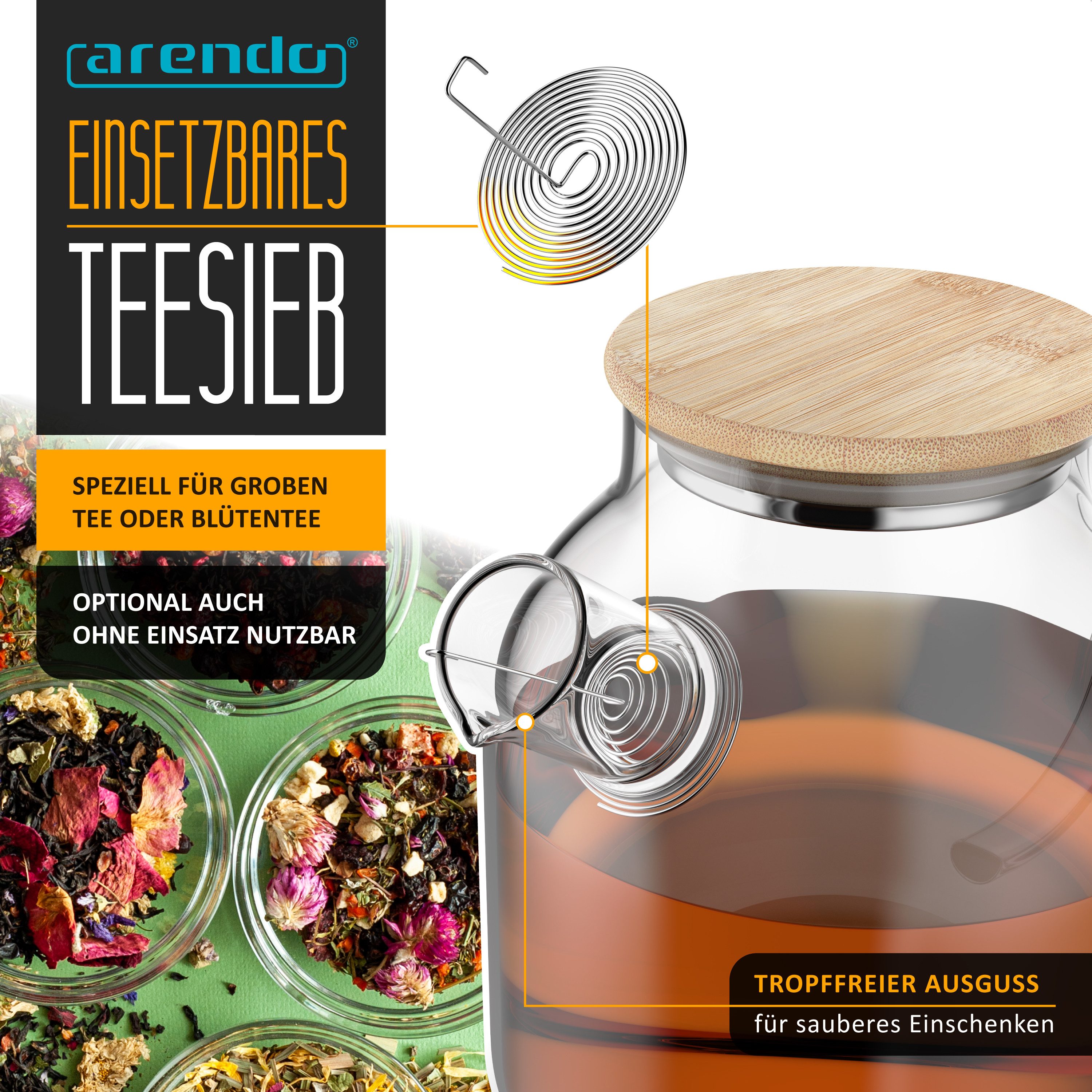 Arendo Teekanne Glas Teebereiter mit Stövchen, Sieb & Bambusdeckel für losen Tee, 1,4 l, (Set, Glaskanne, Teesieb, Rechaud), Borosilikatglas, Tischkocher, Edelstahlsieb, hitzebeständig, Geschenk