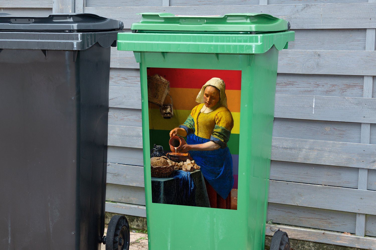 Vermeer - Container, - Sticker, Mülleimer-aufkleber, (1 St), Mülltonne, MuchoWow Stolz Wandsticker Abfalbehälter Milchmädchen