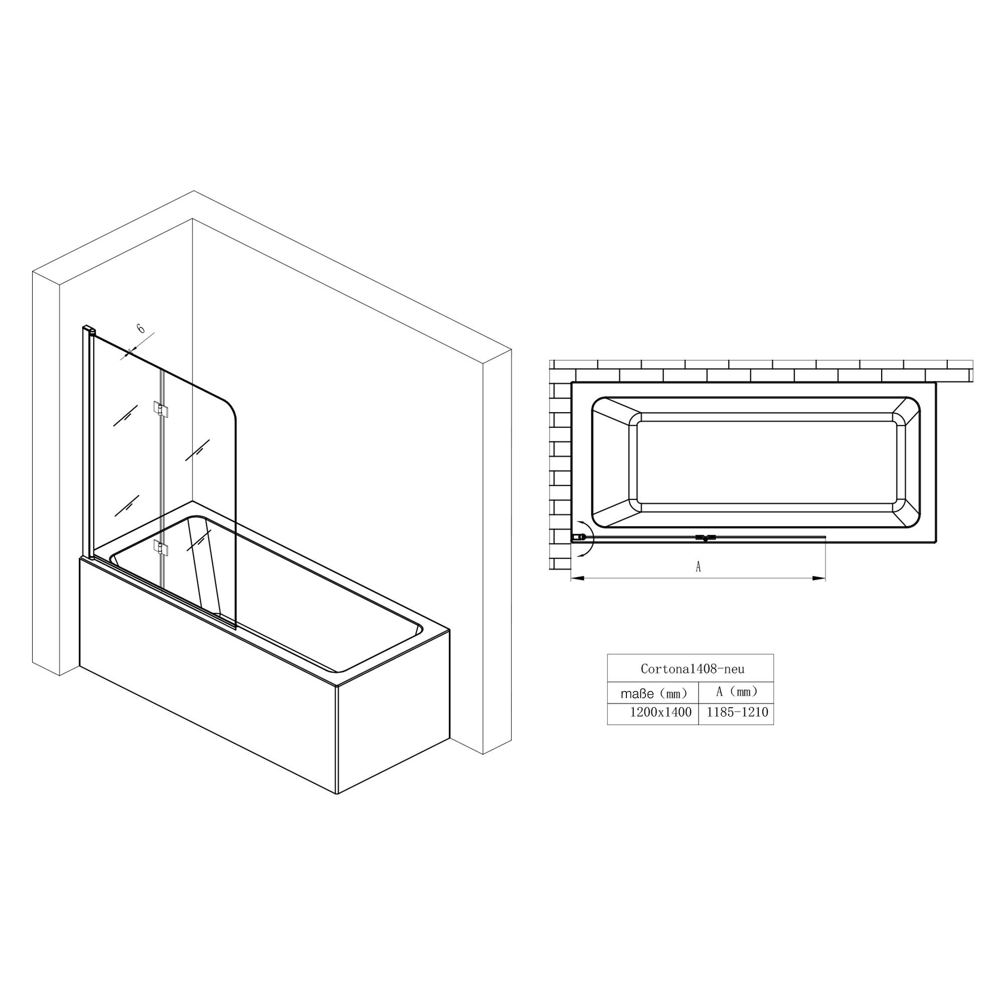 doporro shower screen for bathtub, bathtub screen including nano-sealing, 6mm tempered safety glass, 6mm single-pane safety glass, self-cleaning nano-coating