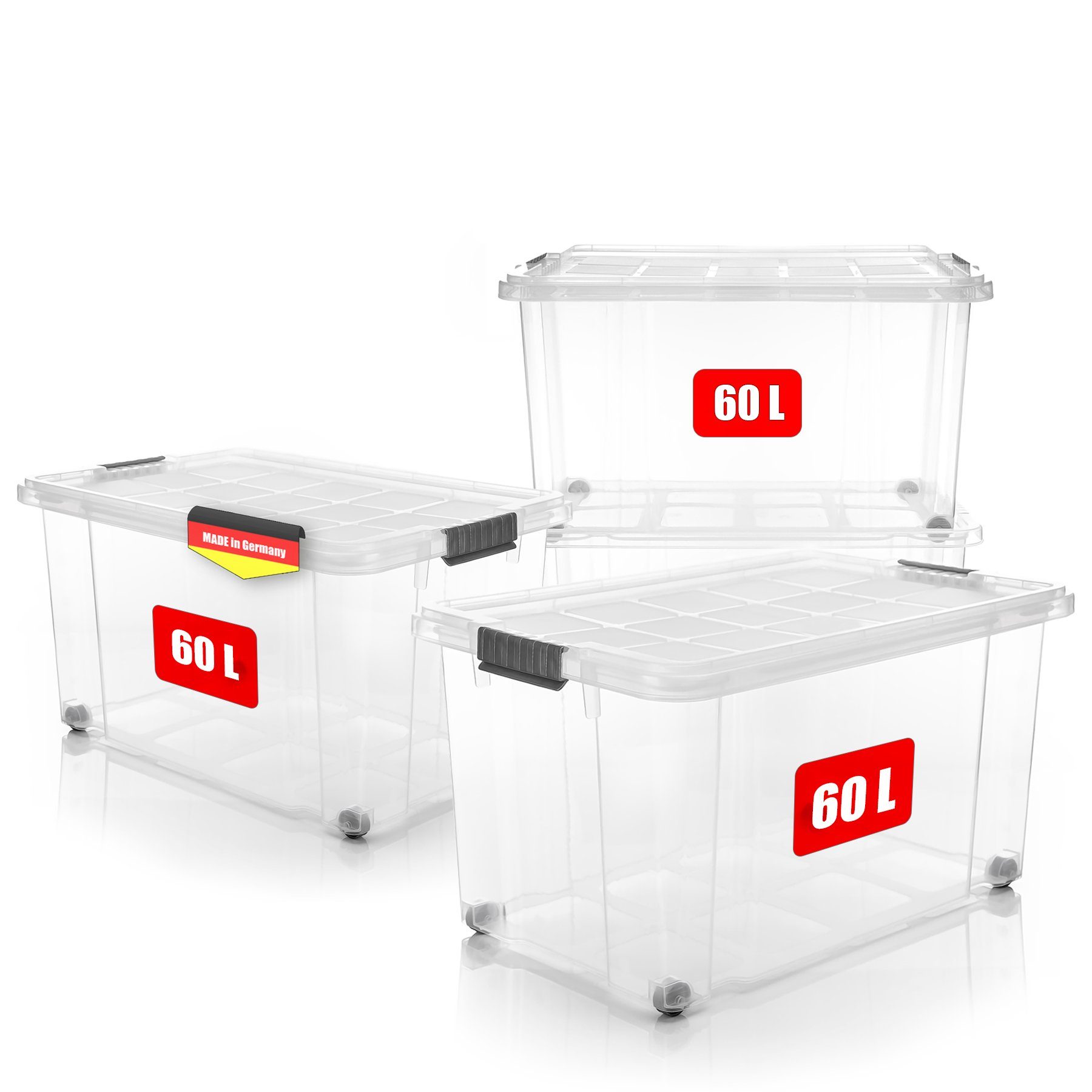 BigDean Aufbewahrungsbox 4x 60 L Aufbewahrungsbox mit Deckel + Rollen  transparent Stapelbox