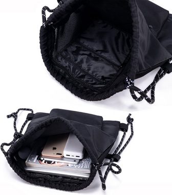 TAN.TOMI Sporttasche Turnbeutel schwarz mit Kordelzug Sportbeutel Sportrucksack (Hochwertiges Nylon, wasserdicht), mit Reißverschlusstaschen Innen und Reißverschluss-Vordertasche