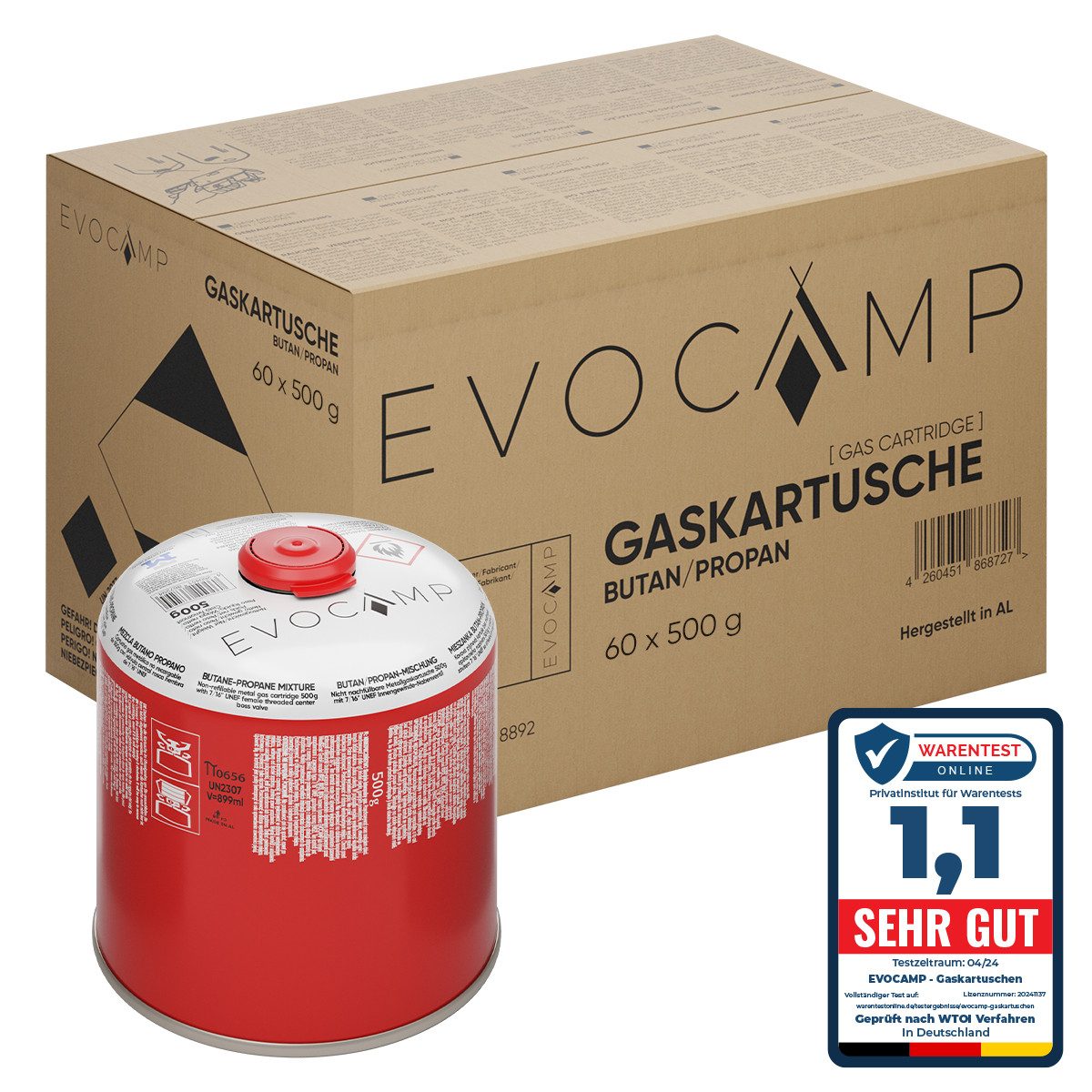EVOCAMP Gaskartusche 60x Butangas Kartuschen 500g, Schraubkartusche mit Butan/ Propan Gas, 60 St.
