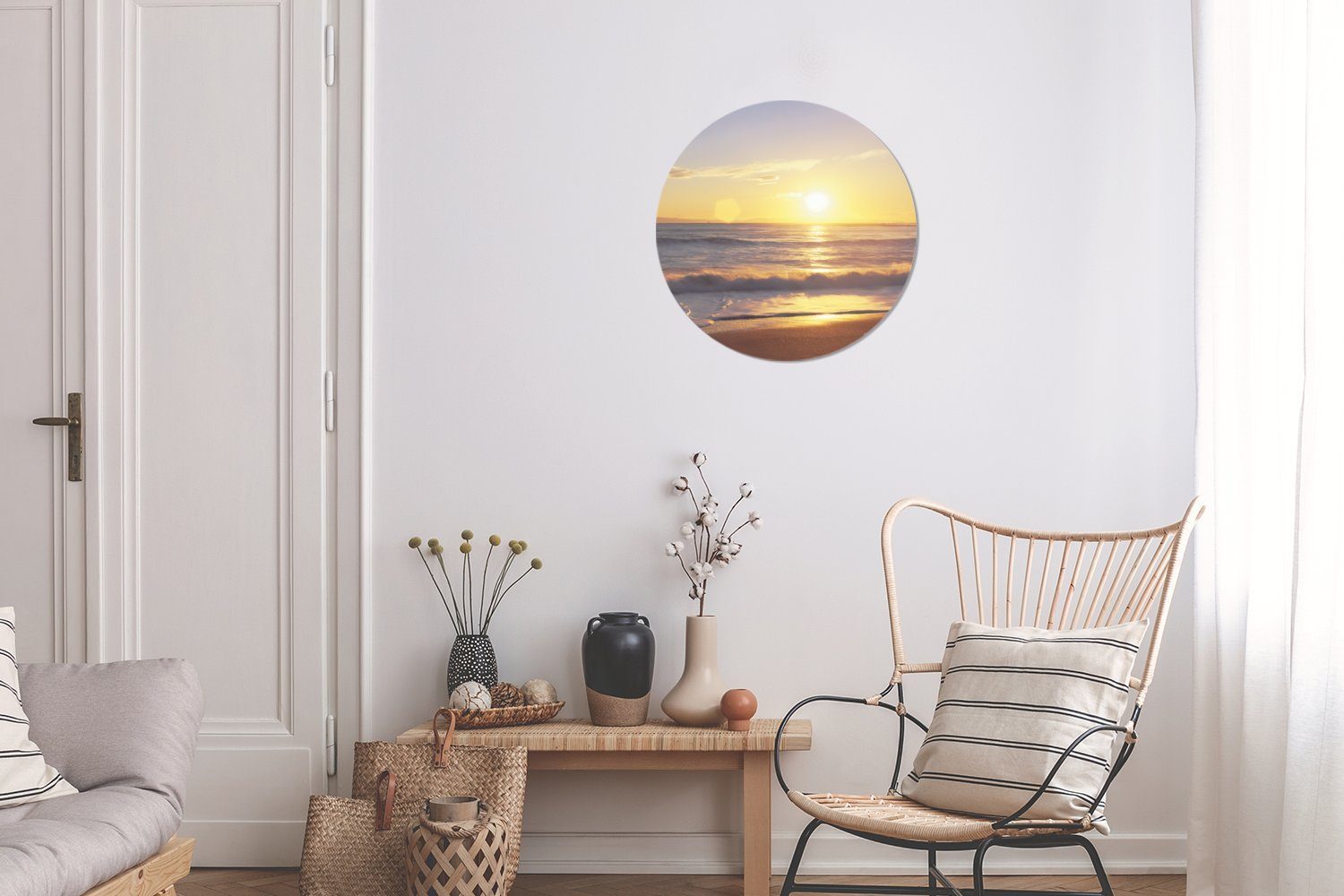 Sonnenuntergang Forex, MuchoWow 30x30 Gemälde Kreis Wanddekoration - Wandbild, Brücke, (1 Strand St), - cm Rundes Wohnzimmer,
