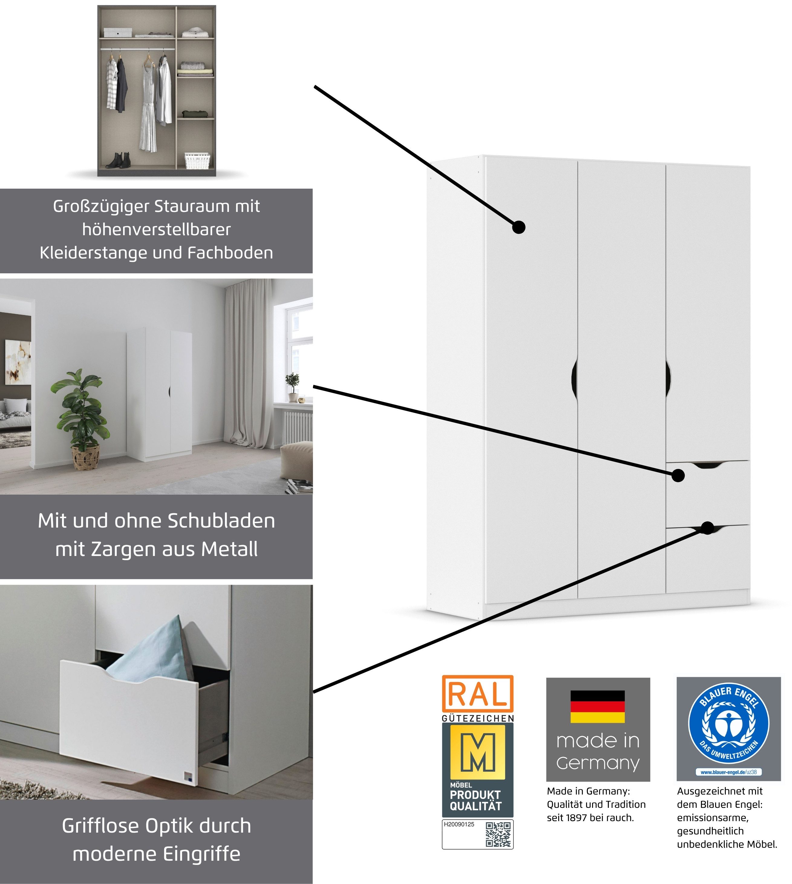 rauch Kleiderschrank Freiham Drehtürenschrank Schrank Garderobenschrank Breite 91cm Schlafzimmerschrank mit Spiegel und Griffmulden BESTSELLER