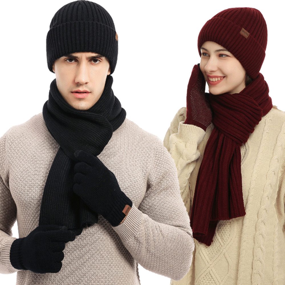 Blusmart Strickmütze Mütze, Schal und Touchscreen-Handschuhe Set (Wintermütze, Thermohandschuhe, Schal, Strickmütze 3-teilig) Winter-Accessoires für Männer und Frauen