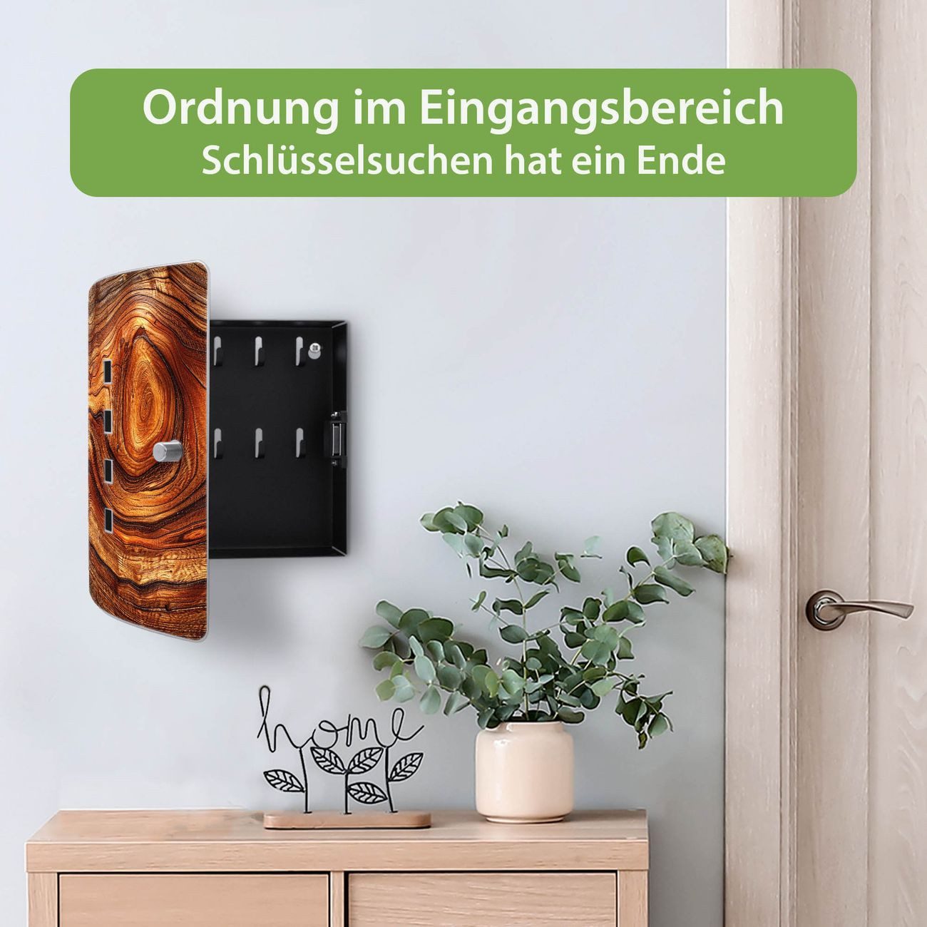 banjado Schlüsselkasten Edelstahl mit Motiv Holz Gemasert Astloch (verstellbarer Magnetverschluss, mit 10 Haken, gebogene Tür, einstellbarer Magnet), 24 x 21,5 x 7 cm