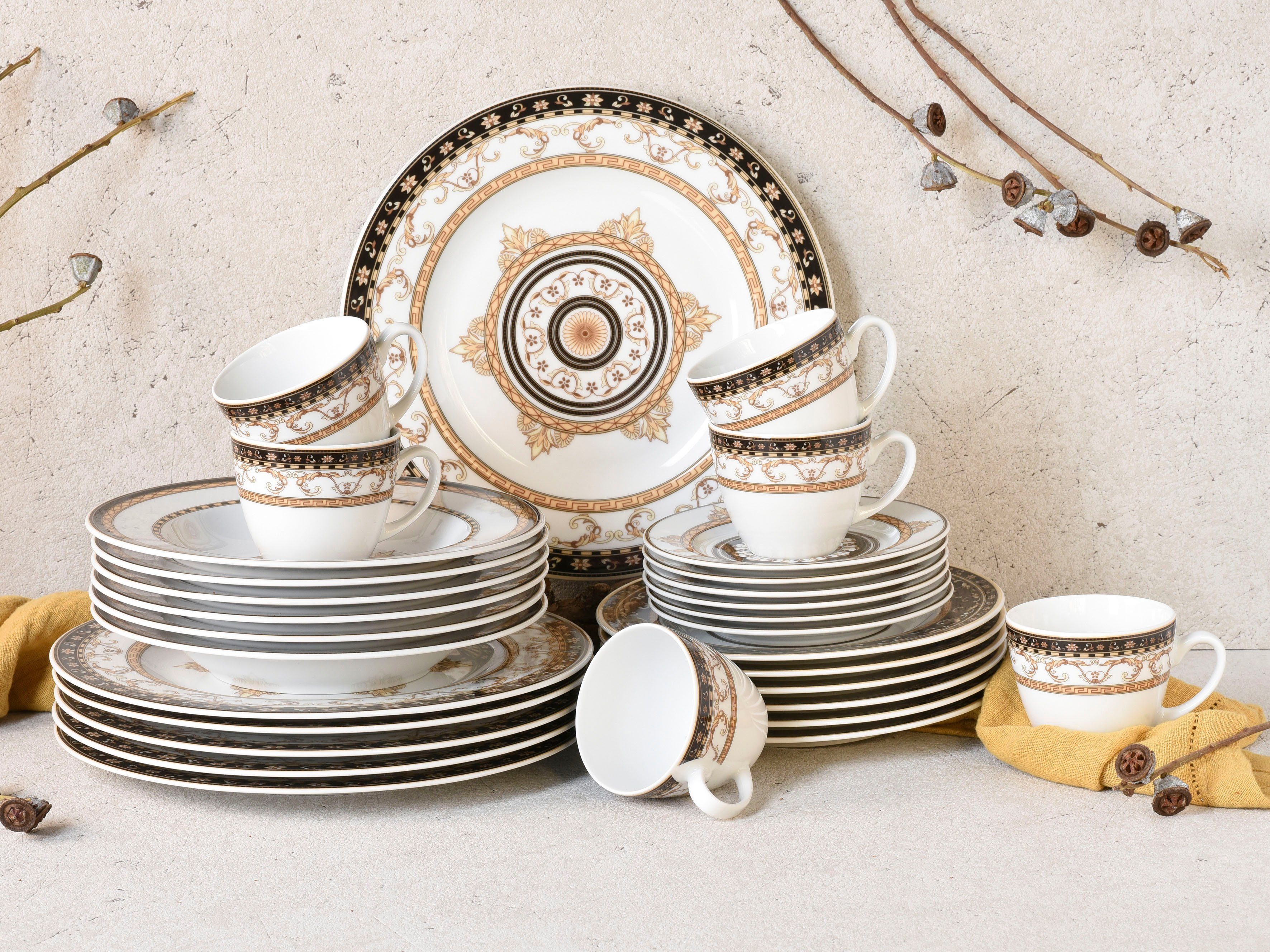 CreaTable Kombiservice Geschirr-Set Majestosa (30-tlg), 6 Personen, Porzellan, Service, Dekor schwarz abgesetzt, 30 Teile, für 6 Personen