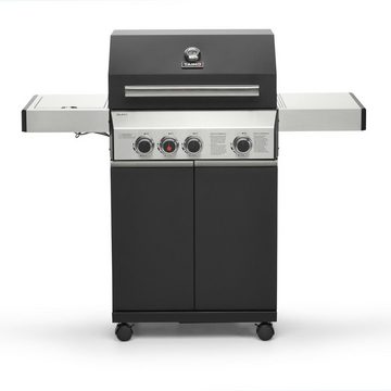 TAINO Gasgrill BLACK 3+1, Gasgrill mit Abdeckhaube und Gasdruckminderer mit Schlauch, Edelstahl-Brenner, Keramik Sear-Burner, Seitenkocher