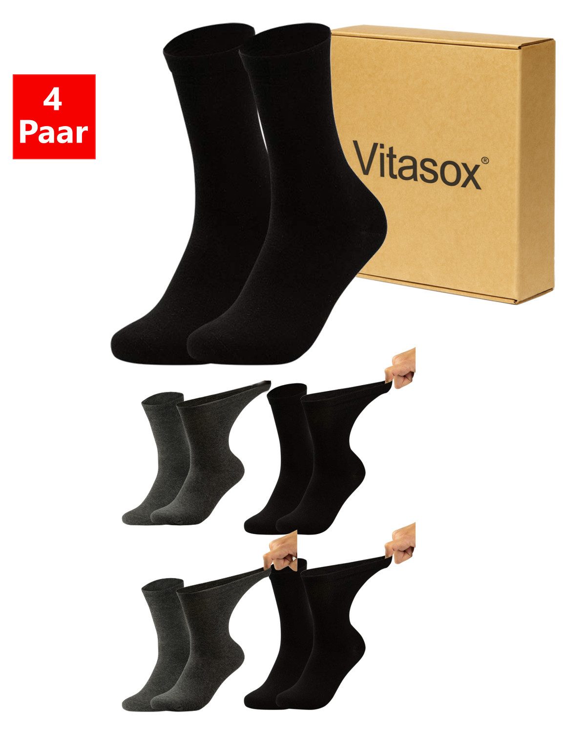 Vitasox Diabetikersocken für Herren - aus Baumwolle ohne Gummi, ohne Einschneiden und Abdrücken (4-Paar) mit weichem und dehnbarem Komfortbund