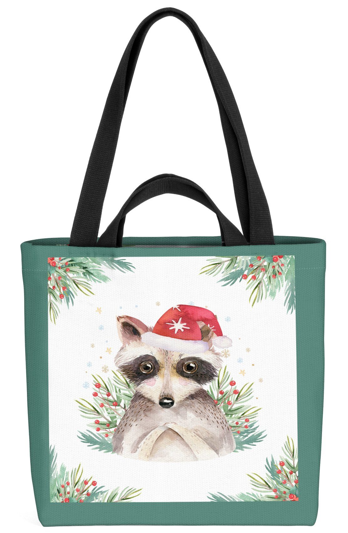 VOID Henkeltasche (1-tlg), Waschbär Nikolaus Mistelzweig Mütze Nikolaus Waschbär Mütze Weihnachten