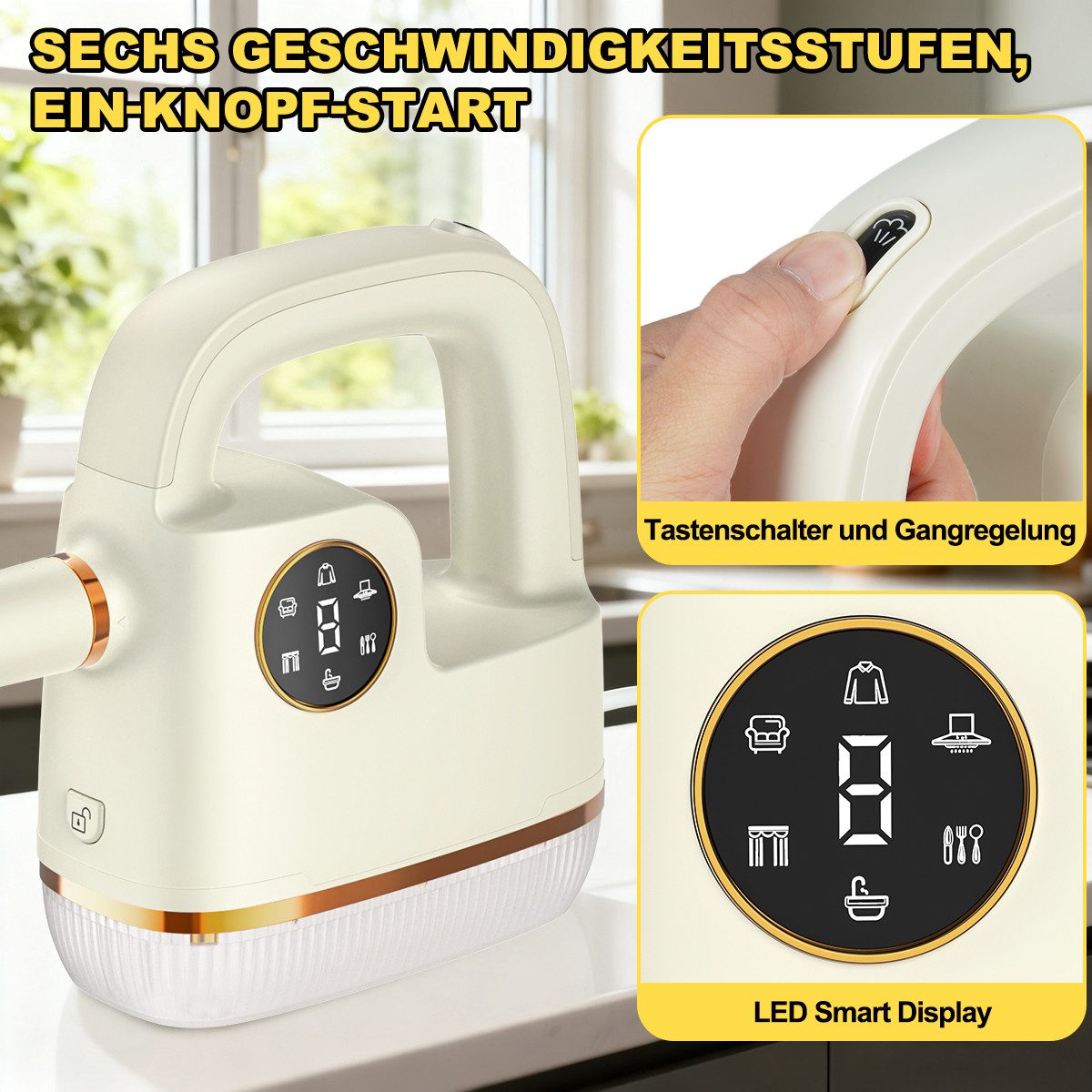 Welikera Handdampfreiniger Dampfreiniger 1800W,dampfreiniger handgerät mit 7 Sprühdüsen, 1800 W, 350 ml Wassertank,Digitalanzeige,6 Einstellungen,4 bar Dampfdruck