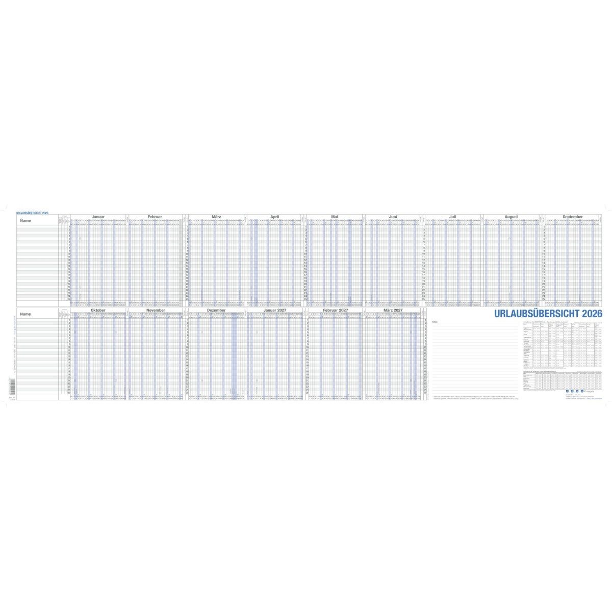 GÜSS Kalender Jahresplaner Urlaubsübersicht 97,4x31cm für 25 Mitarbeiter 2026