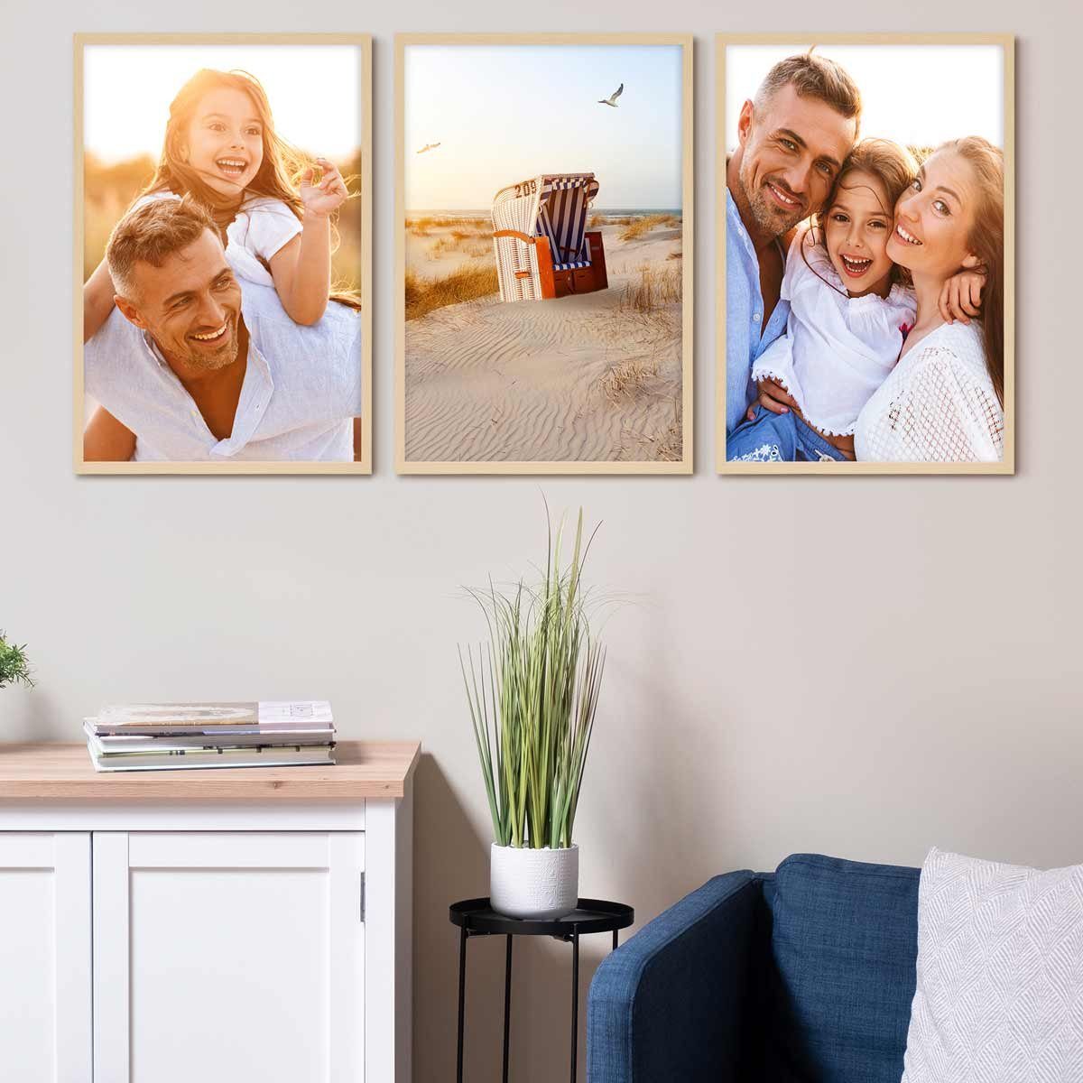 PHOTOLINI Bilderrahmen 3er Set, stabiles MDF-Holz, mit Acrylglas, extra Zubehör Natur