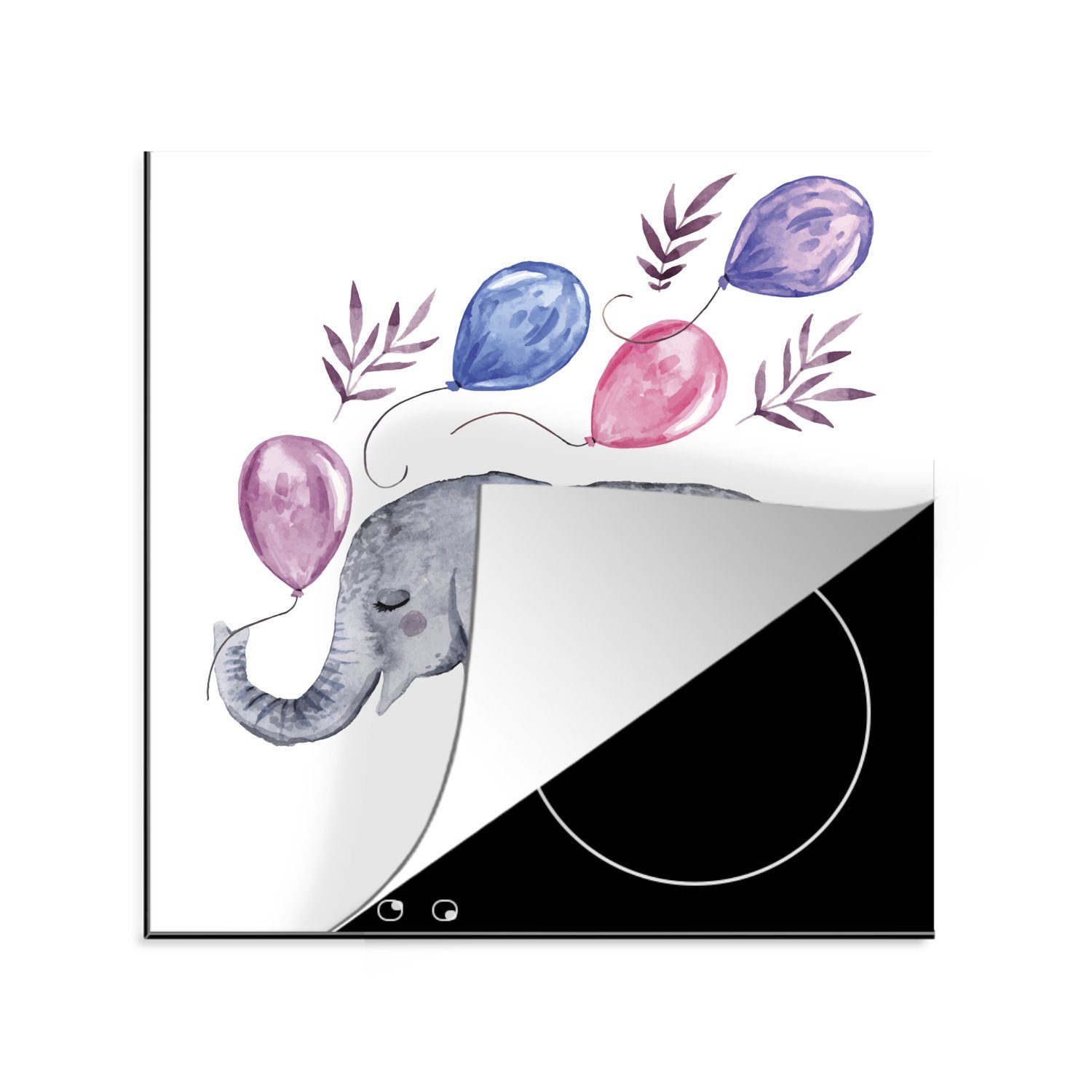 MuchoWow Herdblende-/Abdeckplatte Elefant - Aquarell - Luftballons, Vinyl, (1 tlg), 78x78 cm, Ceranfeldabdeckung, Arbeitsplatte für küche