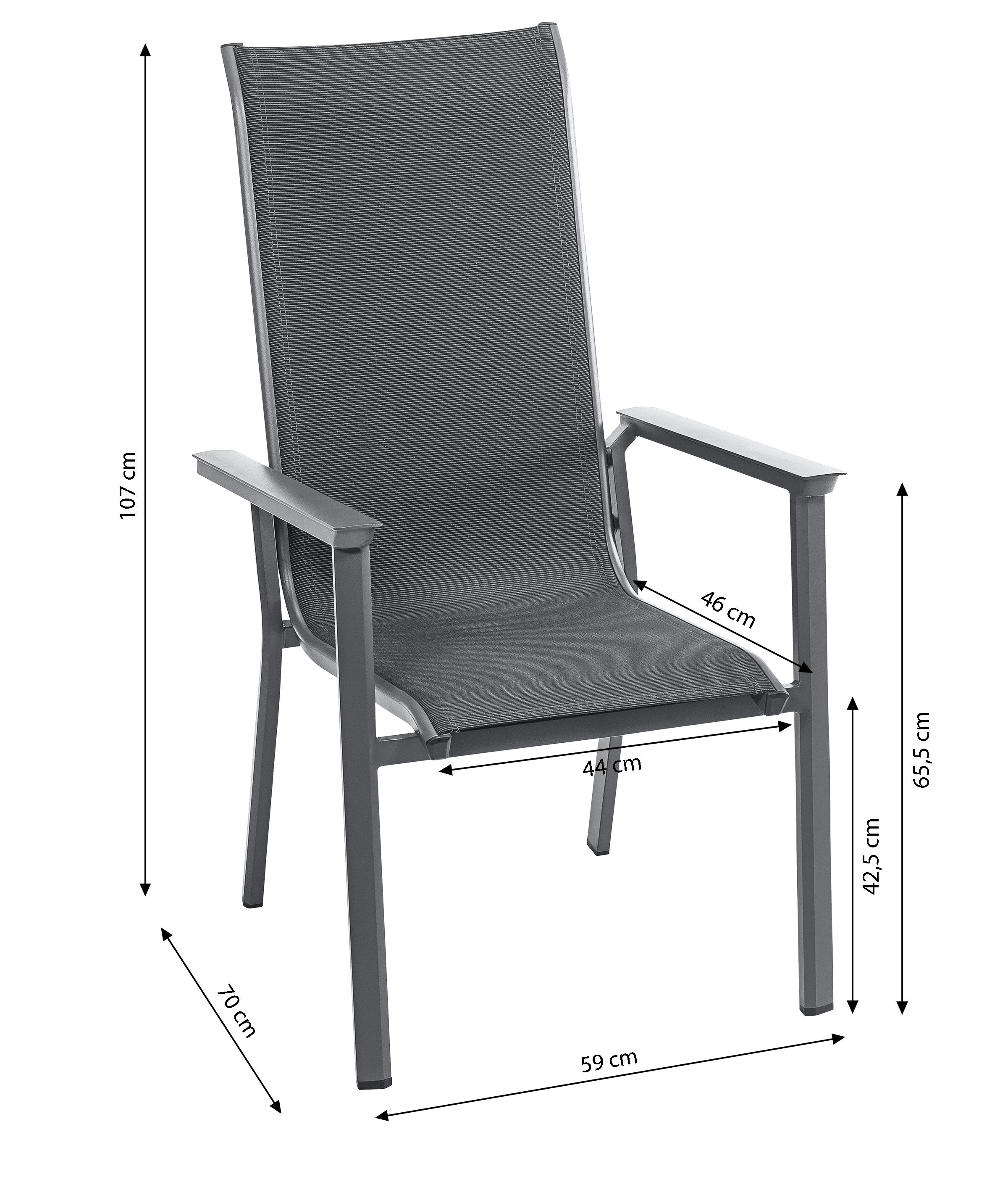 Dehner Gartenstuhl Cleveland Hochlehner, stapelbar, 107.5 x 61.5 x 70.5 cm, dunkelgrau, Stapelstuhl in modernem Design mit pulverbeschichtetem Alu-Gestell