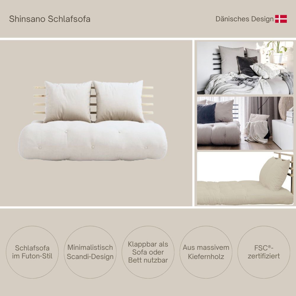 Karup Design Schlafsofa Shinsano, futonstil, Rückenrahmen und zweiteiligem Kissenset, aus massivem Kiefernholz, faltbarer Matratze, multifunktional, Scandi
