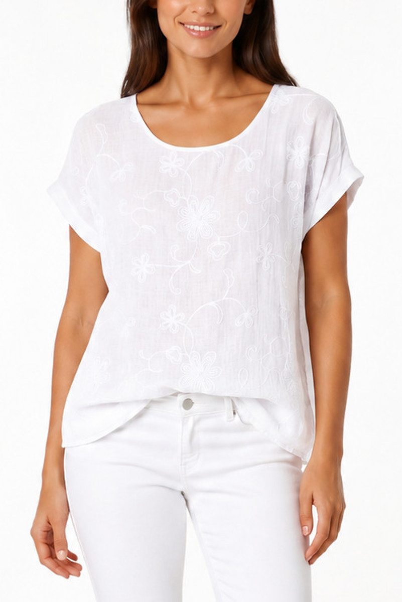 dy_mode Kurzarmbluse Kurzarm Bluse Elegantes Baumwollshirt Damen einfarbig Blusenshirt in Unifarben, Rundhalsausschnitt, mit Blumenstickerei