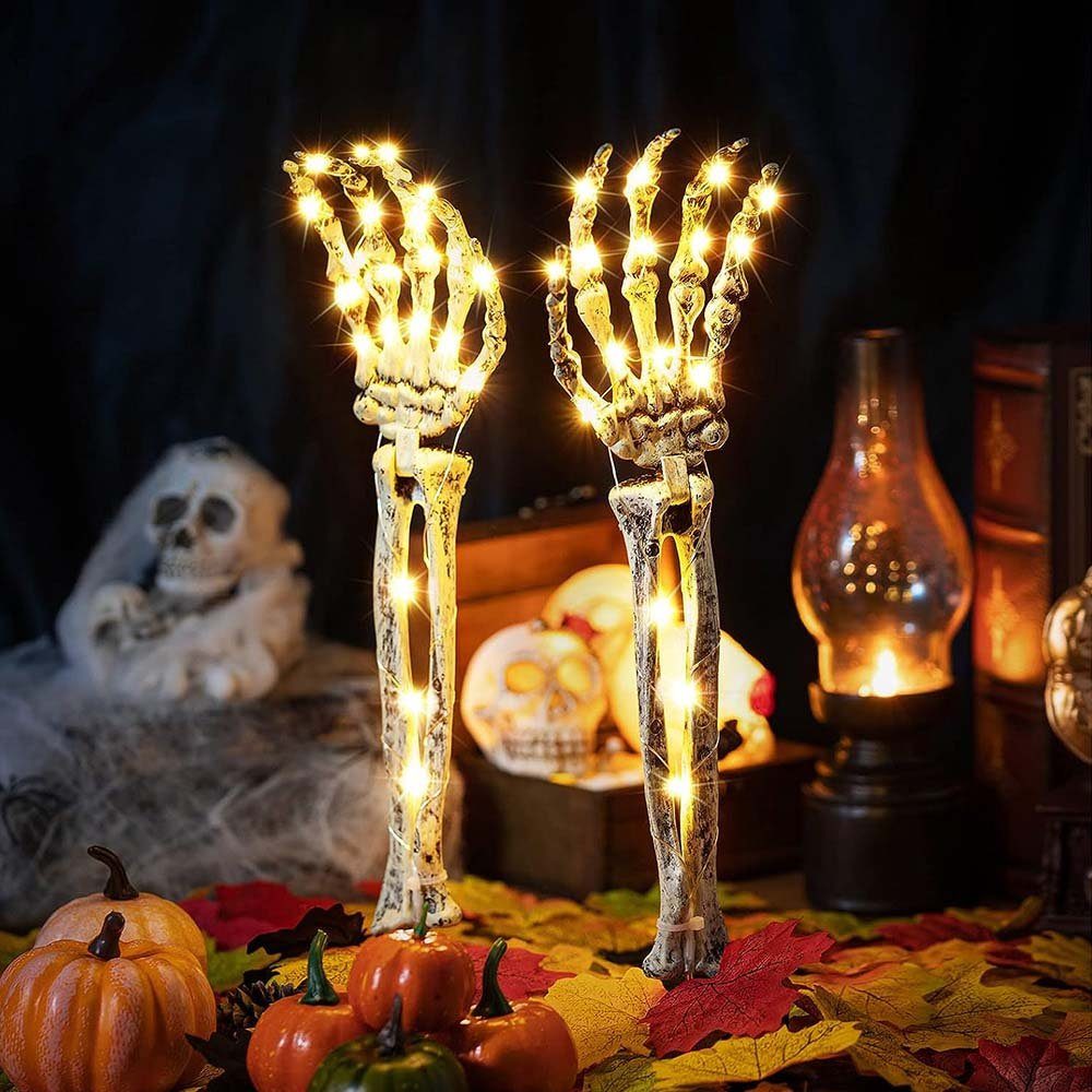 MUPOO Dekofigur Halloween Dekor,LED Gartenleuchte Skeletthand 2 St.40 LEDs Warmweiße, Wasserdicht,8 Modi&Timer Skelettarme-Handpfähle,Lichterketten 2er Pack Skelettarm mit Licht