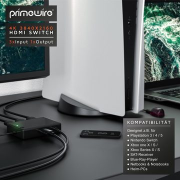 Primewire Audio / Video Matrix-Switch, 3-Port UHD HDMI Switch / Verteiler mit Fernbedienung, 4K, 3D, CEC, ARC