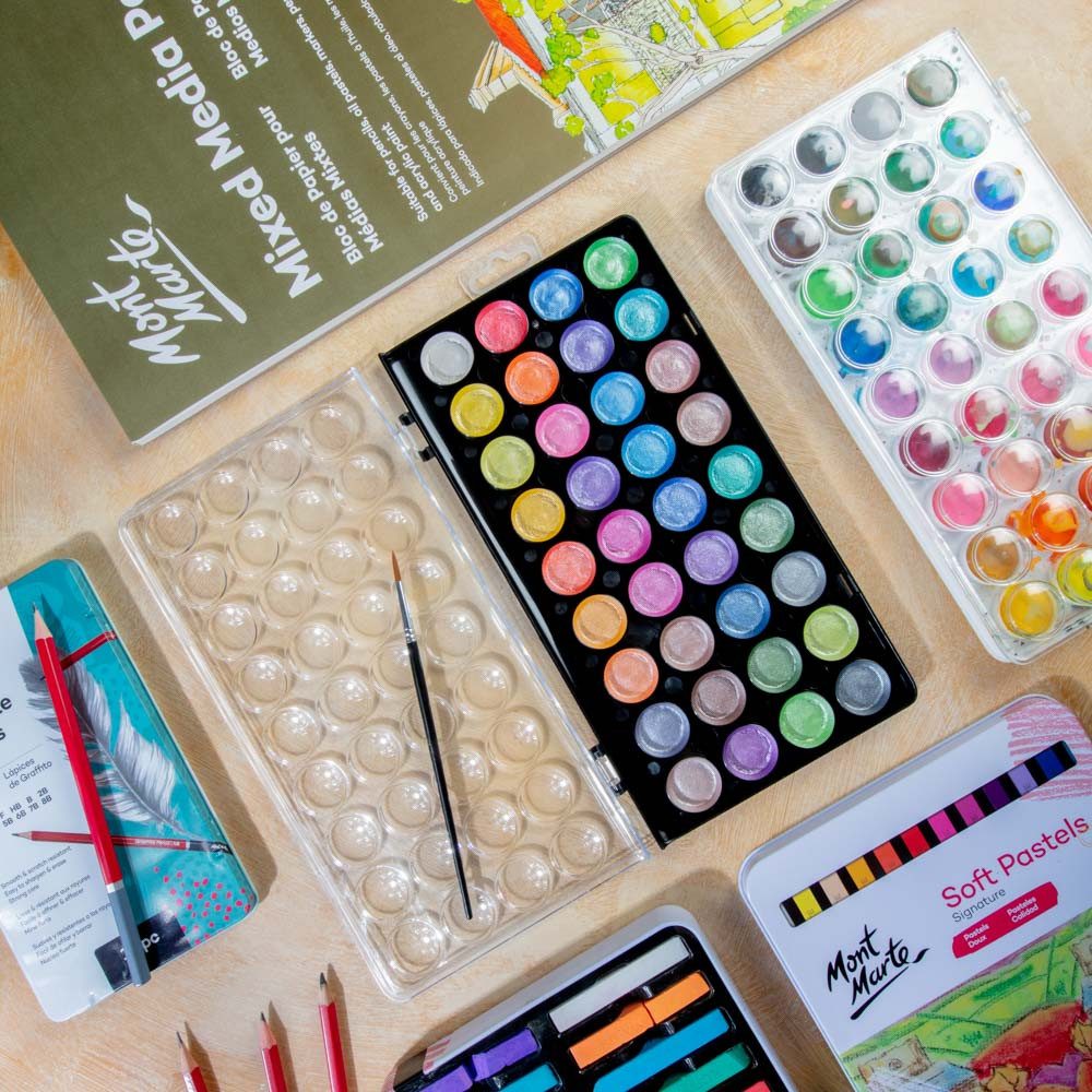 Mont Marte Aquarellfarbe SIGNATURE Wasserfarben Set - 36 Metallic Aquarellfarben mit 1 Pinsel, – Ideal für Aquarellmalerei – Für Kinder, Schüler, Anfänger & Künstler