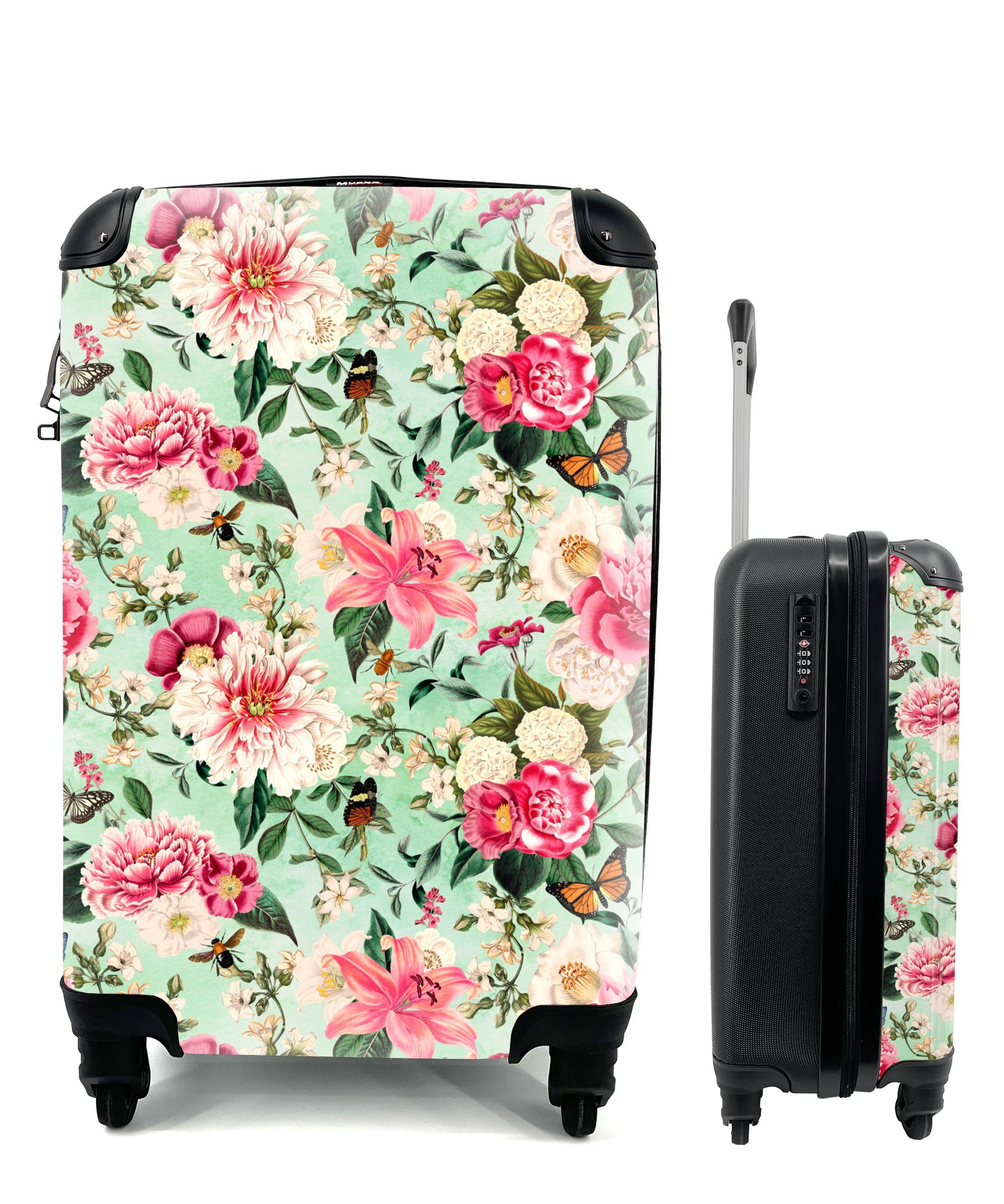 MuchoWow Handgepäckkoffer Blumen - Rosa 4 Schmetterling, Reisetasche Ferien, Reisekoffer rollen, Handgepäck Rollen, Trolley, für mit 