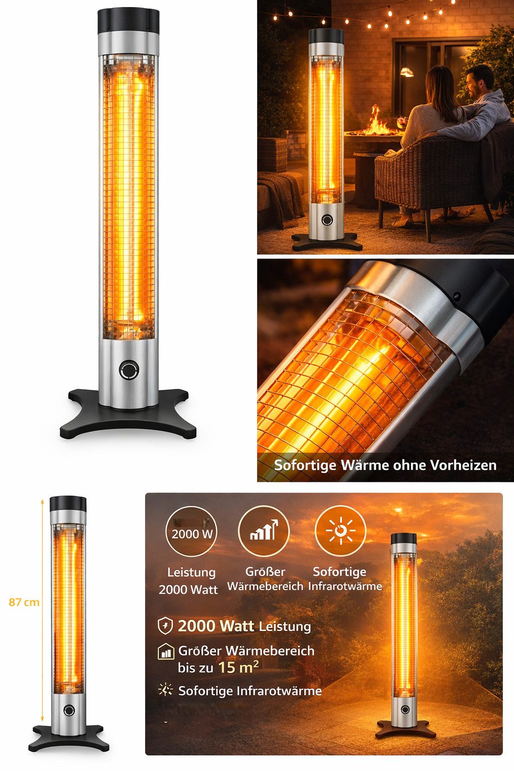 Rungassi Gläser-Set Leistungsstarke Infrarot-Heizstrahler 2000 Watt sorgt sofort für, Edelstahl, Kunststoff