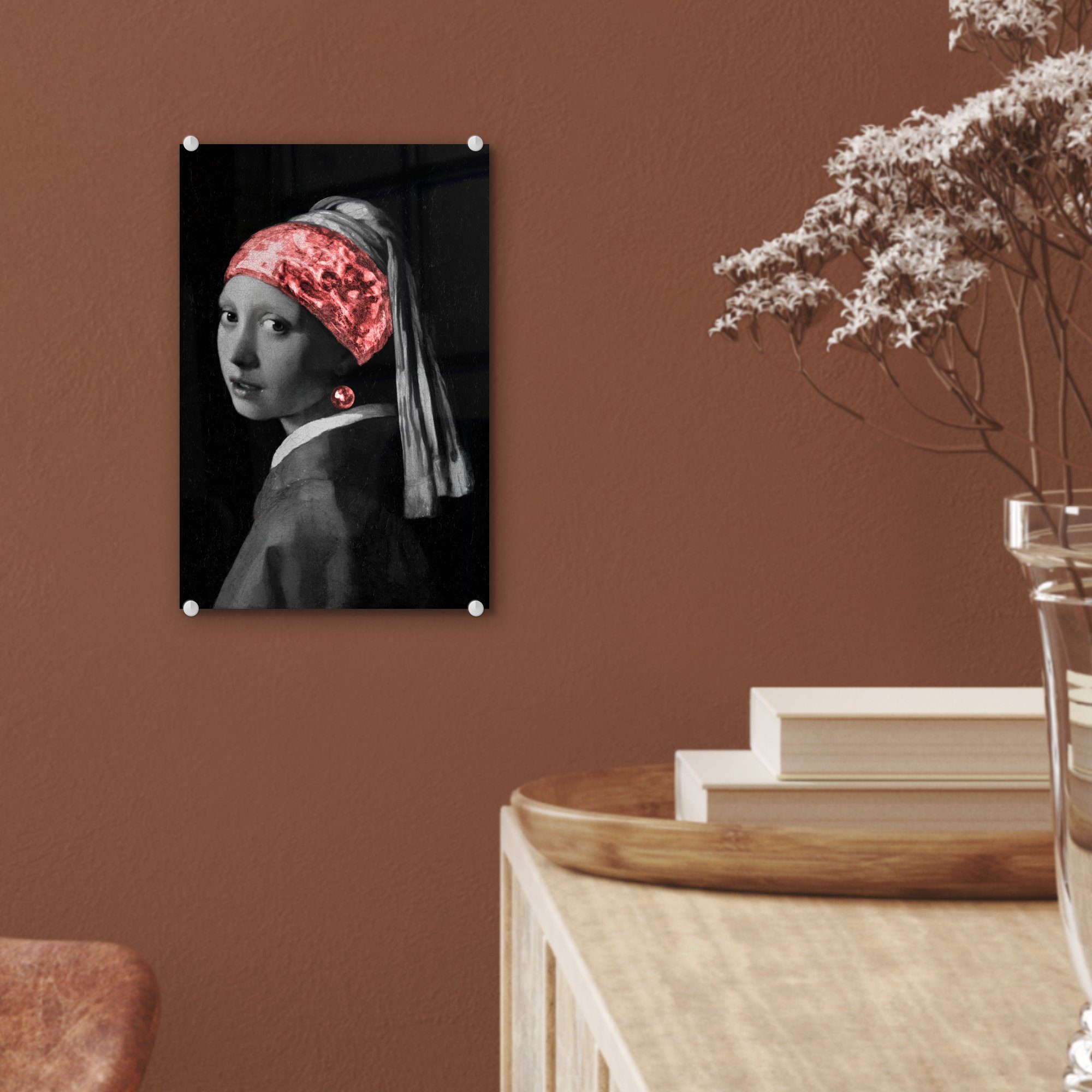 Das Glasbilder - Rot, - auf dem Wanddekoration auf MuchoWow Mädchen - Glas Acrylglasbild Perlenohrring - Wandbild Johannes Bilder Vermeer mit Foto (1 - Glas St),
