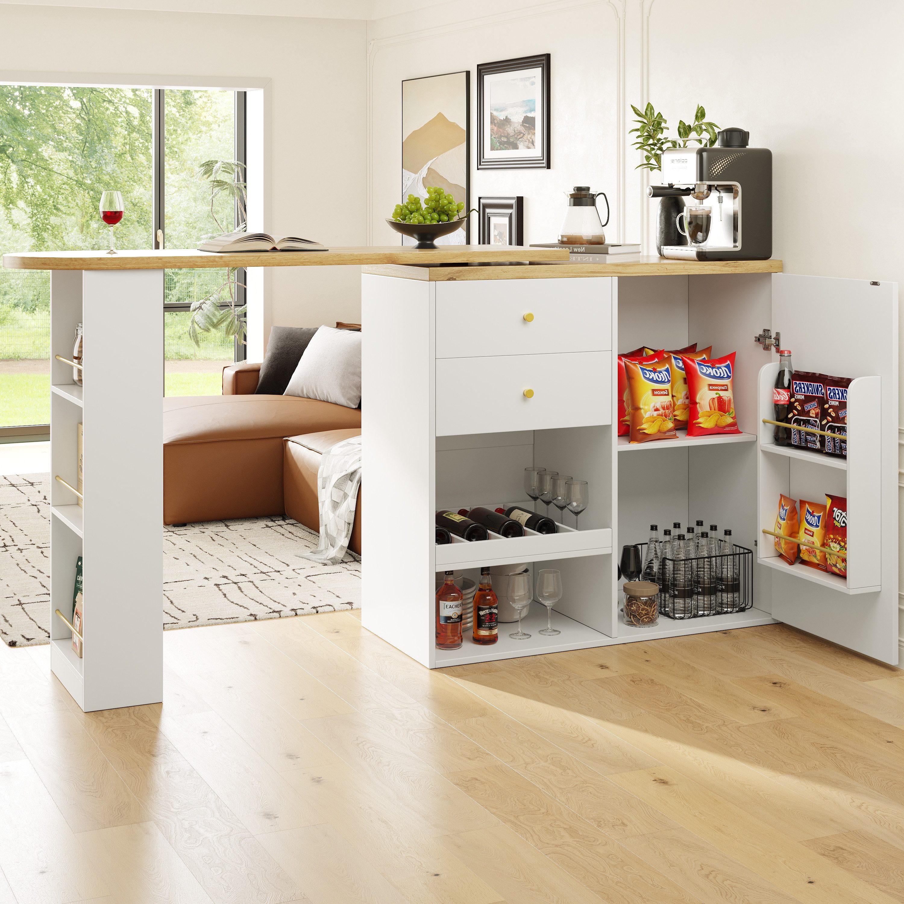 Flieks Bartisch 360° drehbar Stehtisch mit Kommode (Set, 2-St., für Esszimmer/Arbeitszimmer/Wohnzimmer), ausziehbar Esstisch Schrank mit Schubladen, Weinregal und Türablagen