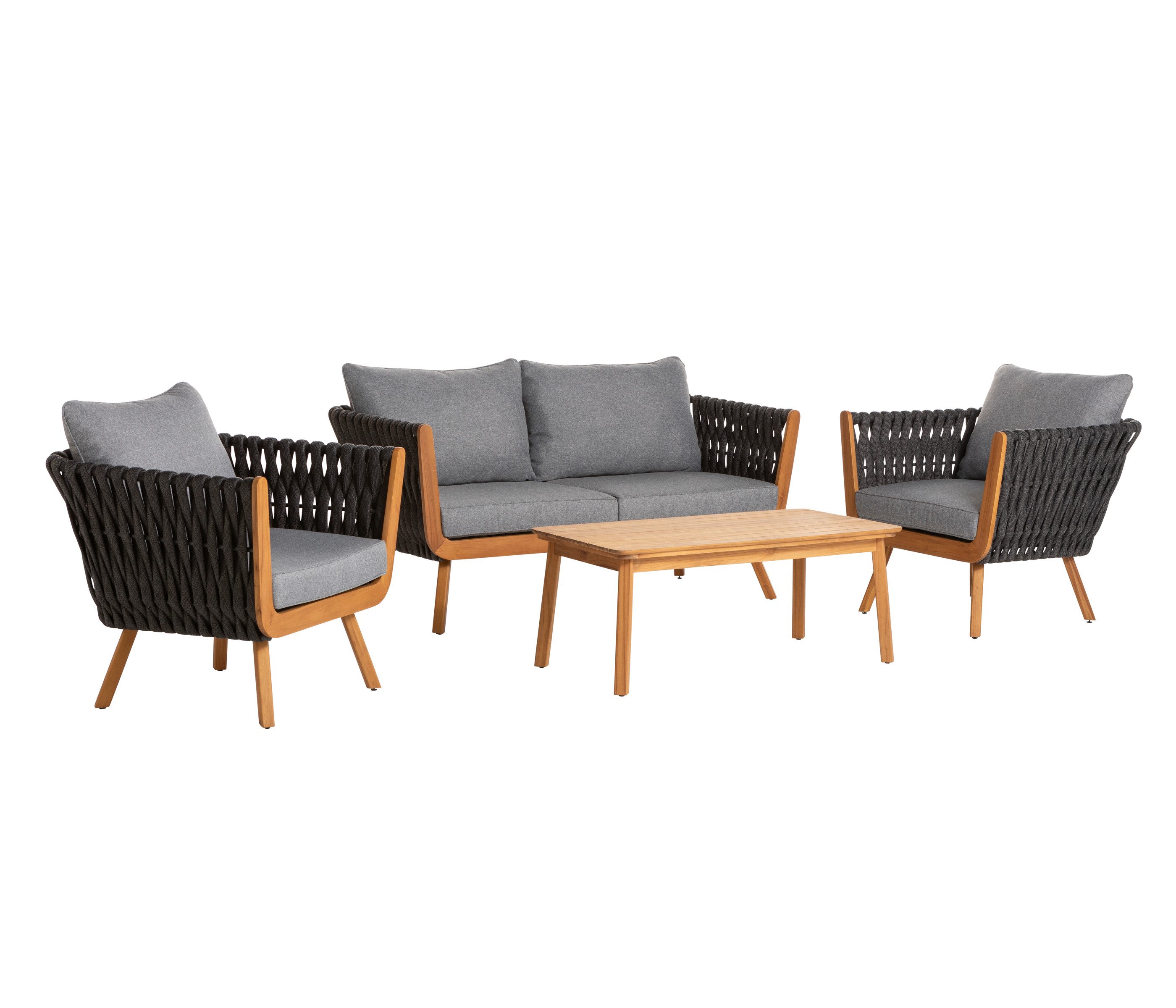 Dehner Balkonset Granada, 4-teilige Sitzgruppe, 1x Sofa / 2x Sessel / 1x Tisch, moderne Sitzgruppe aus FSC® zertifiziertem Teakholz