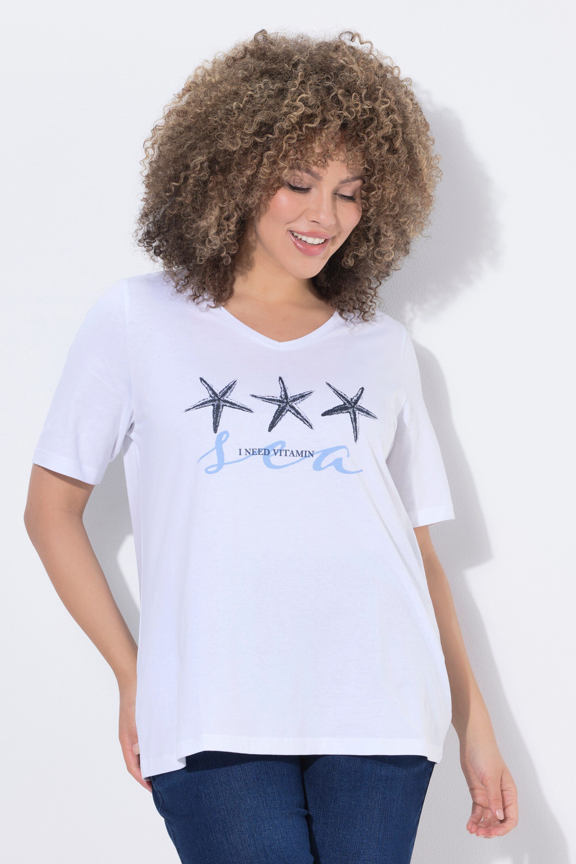 Ulla Popken T-Shirt T-Shirt Seestern Classic V-Ausschnitt Halbarm