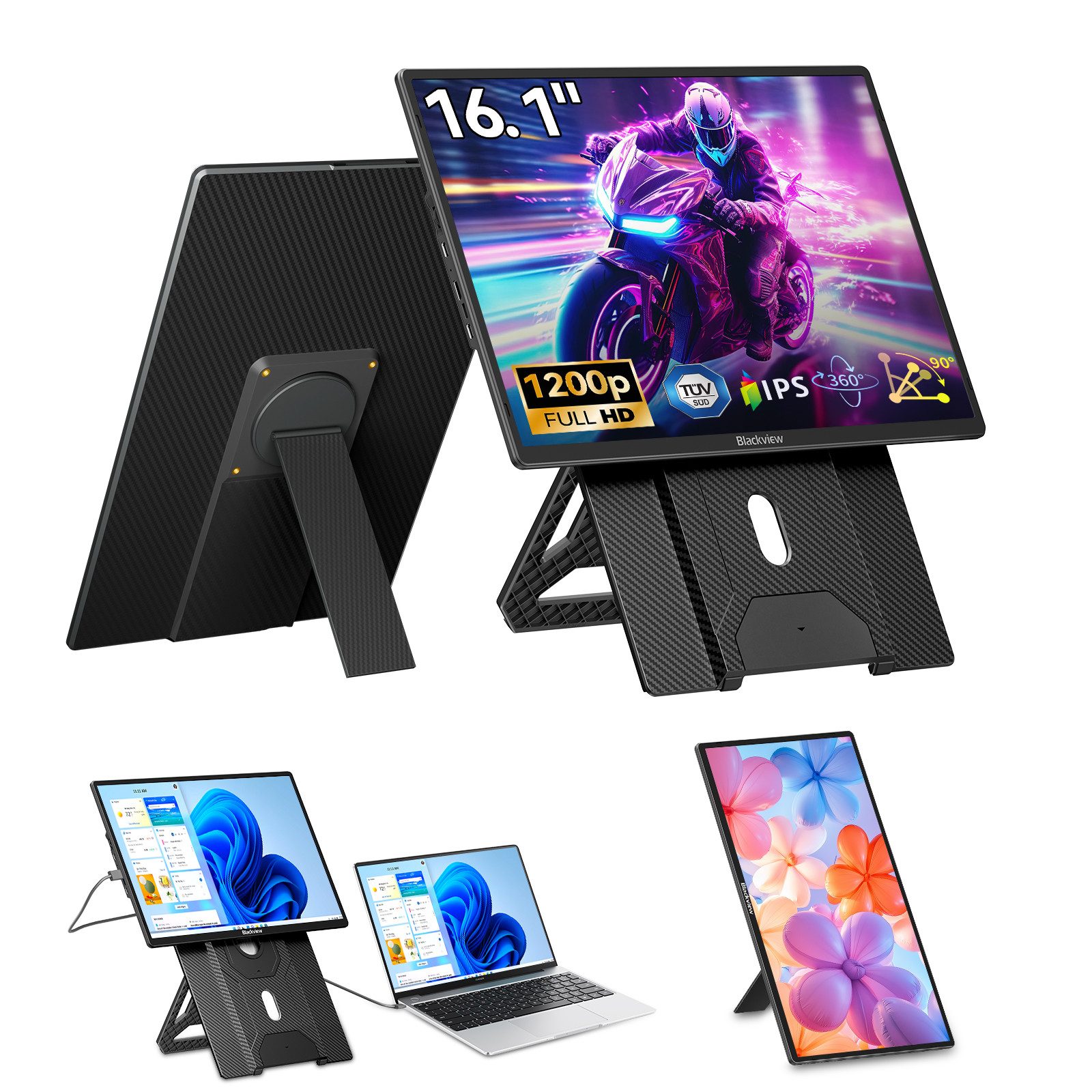 blackview 16 Zoll FHD Laptop Bildschirm Erweiterung, LCD, IPS, 1920×1200 Portabler Monitor (41 cm/16 ", 1920x1200 px, Full HD, IPS, 360°, Gaming Monitor, Kompatibel mit Windows/Mac/Android/ChromeOS)