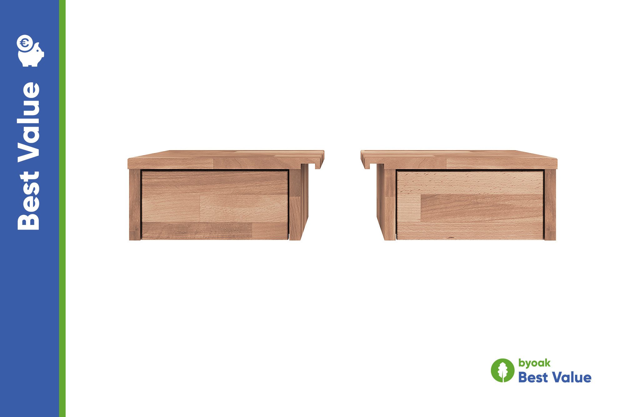 byoak Nachtkommode PENNY mit Schubladen aus Massivholz, Linkes und Rechtes Paar, Geölt