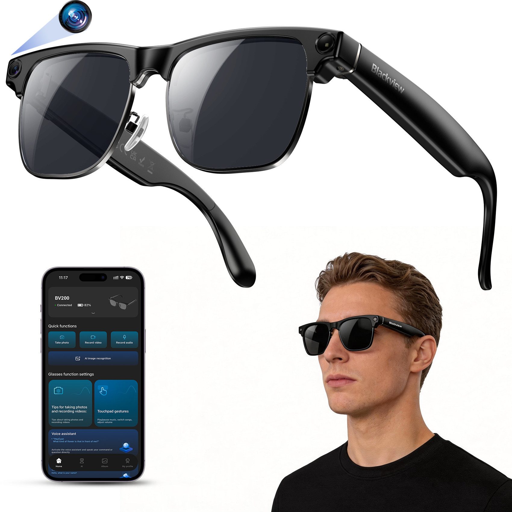 blackview Sonnenbrille 2026 Neue BV200 AI Shooting Glasses,Premium KI-Kamera-Brille (Set, ChatGPT, Bluetooth 6.0 und Open-Ear HiFi Sound) Mit Sony IMX219 Sensor,Fotografieren, filmen, kommunizieren,übersetzen