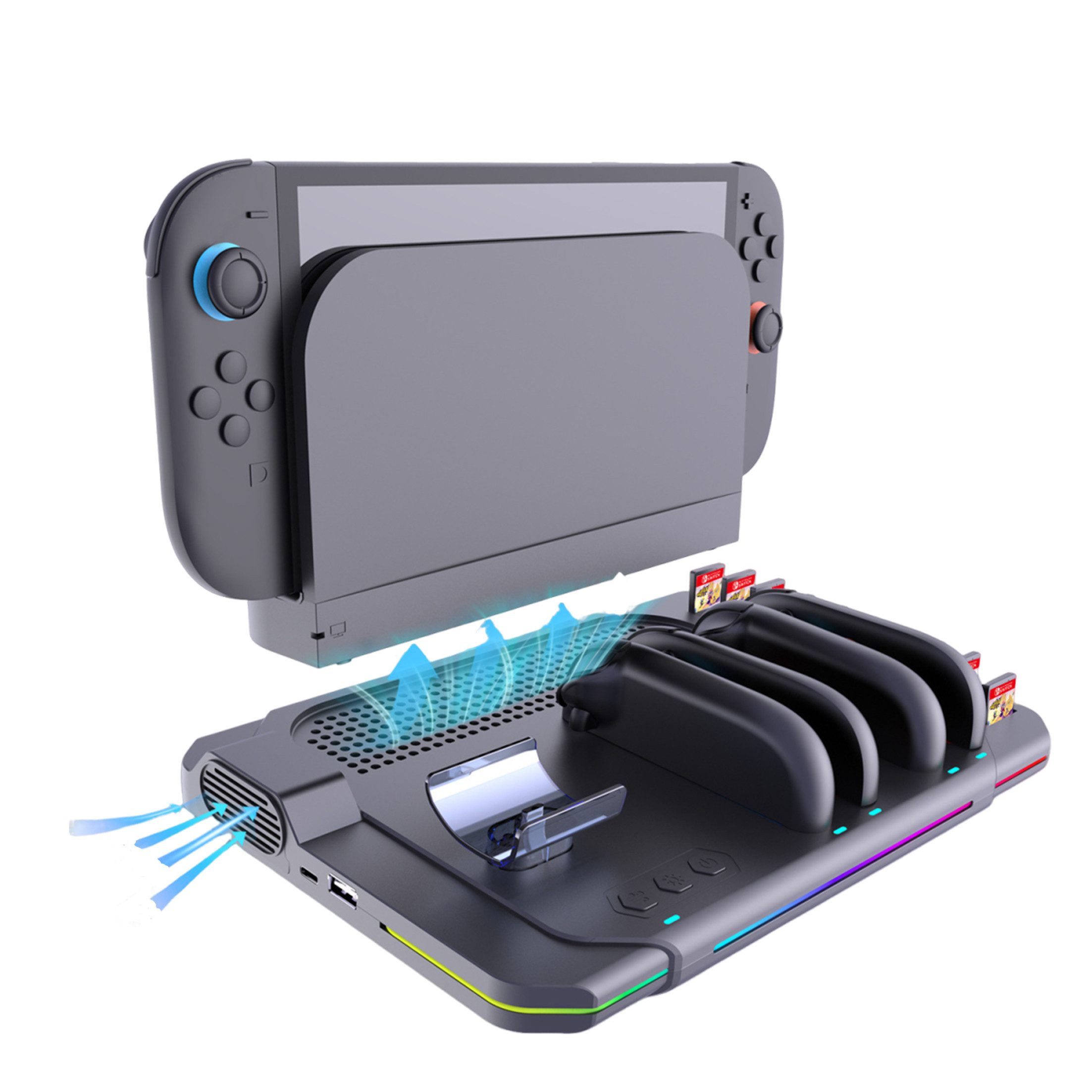 KINSI Switch 2 Ladedock mit Kühlventilator & RGB Beleuchtung Controller-Ladestation (Für Switch 2, für 4 Joy-Cons + Pro Controller + Spielekartenhalter)