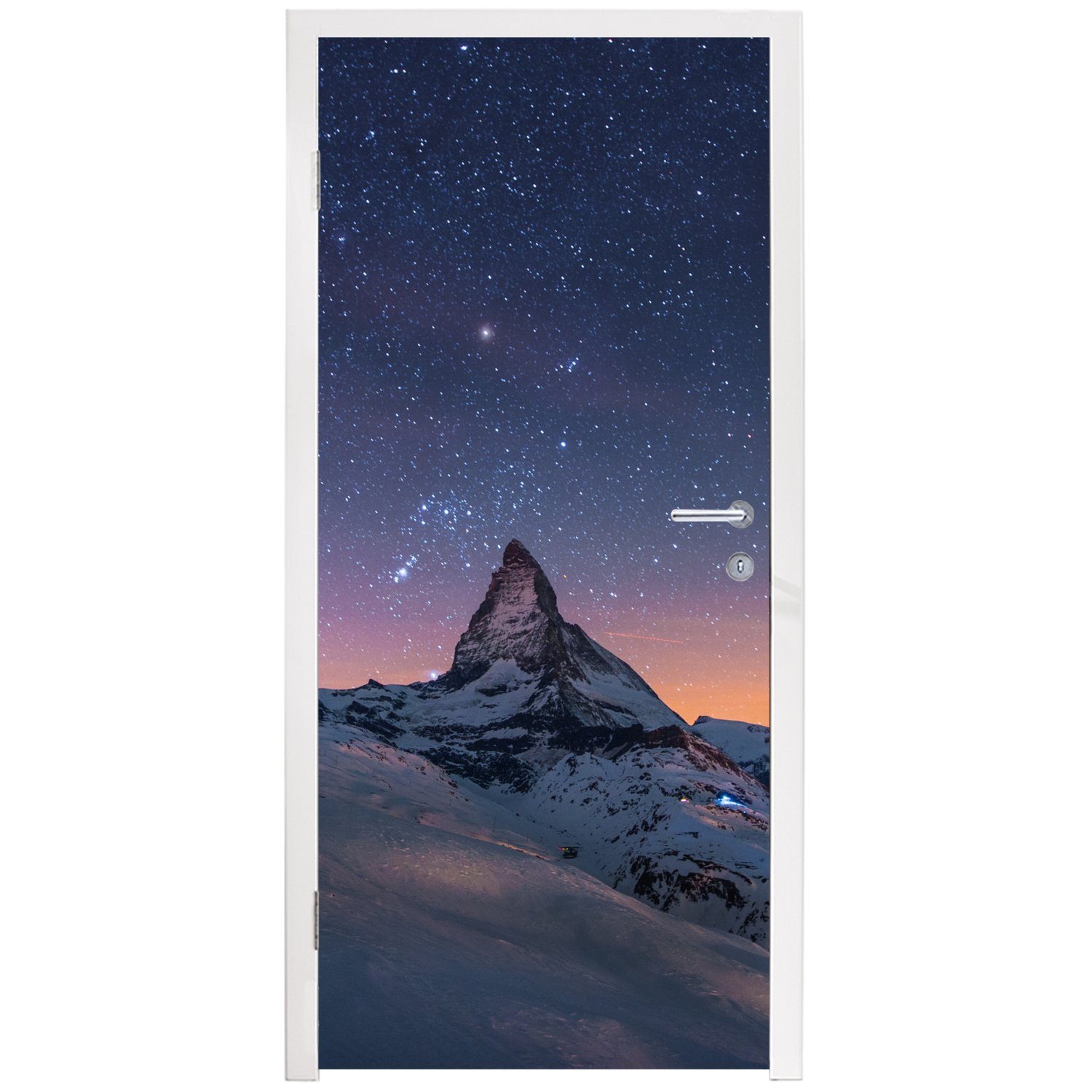 bedruckt, MuchoWow Türaufkleber, Türtapete cm (1 75x205 Winter St), des Tür, Landschaft Matterhorns, Schweizer über für im Fototapete Nacht Matt, der