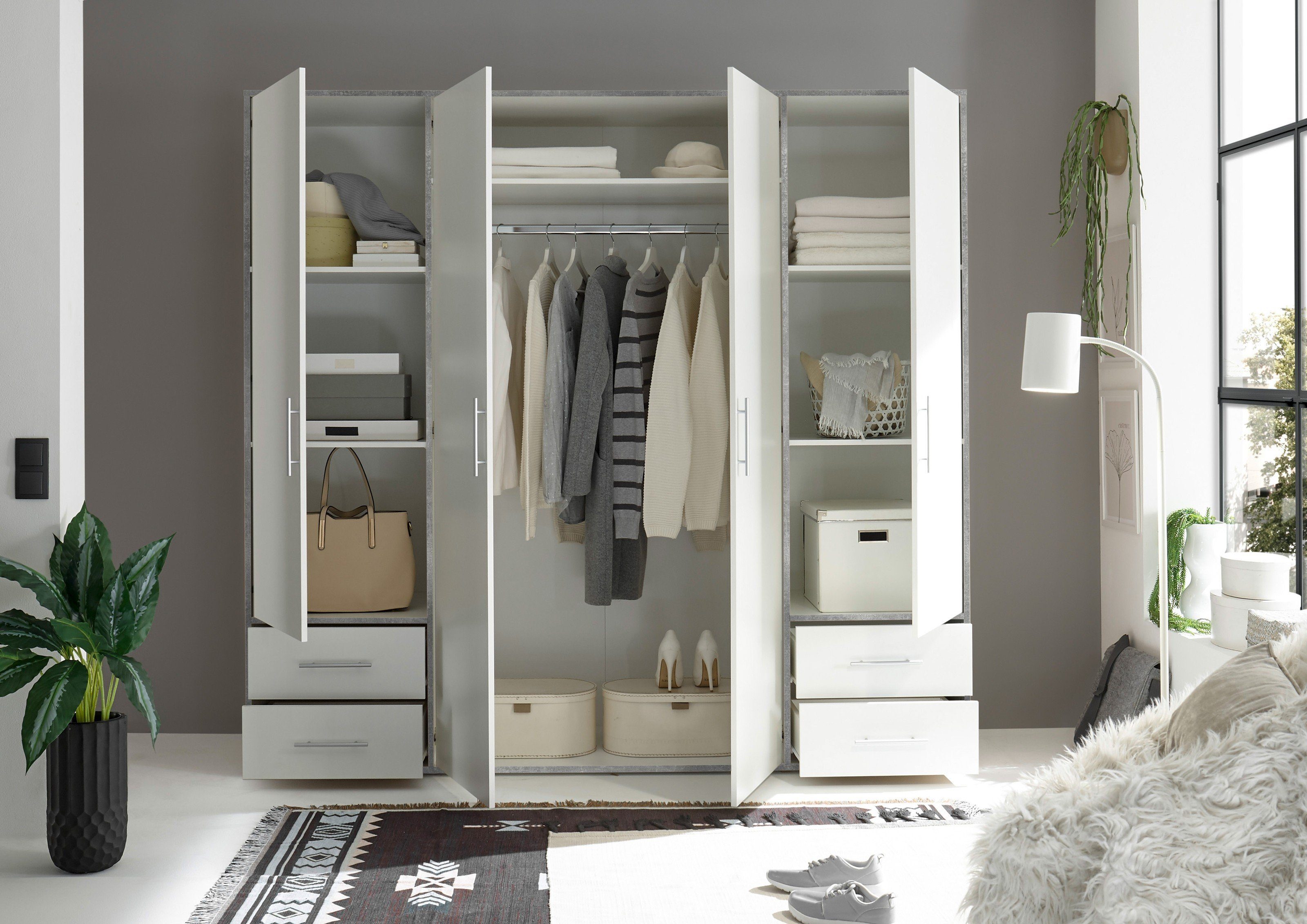 möbelando Kleiderschrank Valencia in Beton Optik / Weiß mit 4 Schubladen und 4 Türen