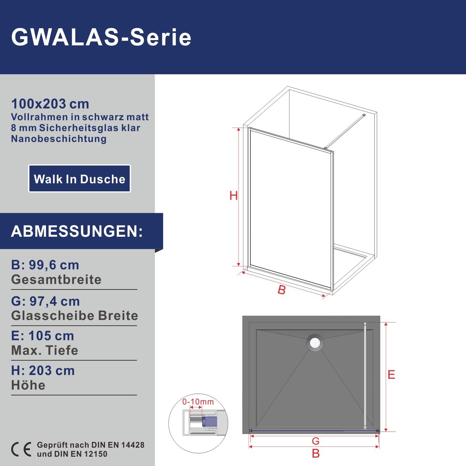 AQUABATOS Duschwand Duschtrennwand Duschabtrennung Walk-In Dusche Glas Trennwand, Breite 80 90 100 110 120 cm