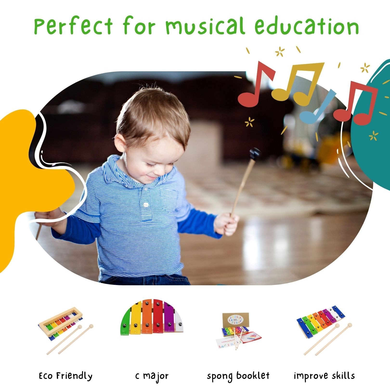 GICO Spielzeug-Musikinstrument Kinder Xylophon Metallphon aus Holz mit 8 Tönen L: 20 cm - 3810