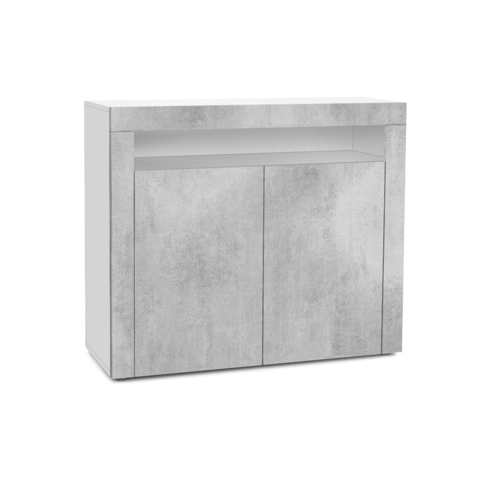 Vladon Kommode Valencia (Sideboard, mit 2 Türen und 1 offenem Fach), Weiß matt/Beton Oxid Optik/Beton Oxid Optik (108 x 92 x 40 cm)