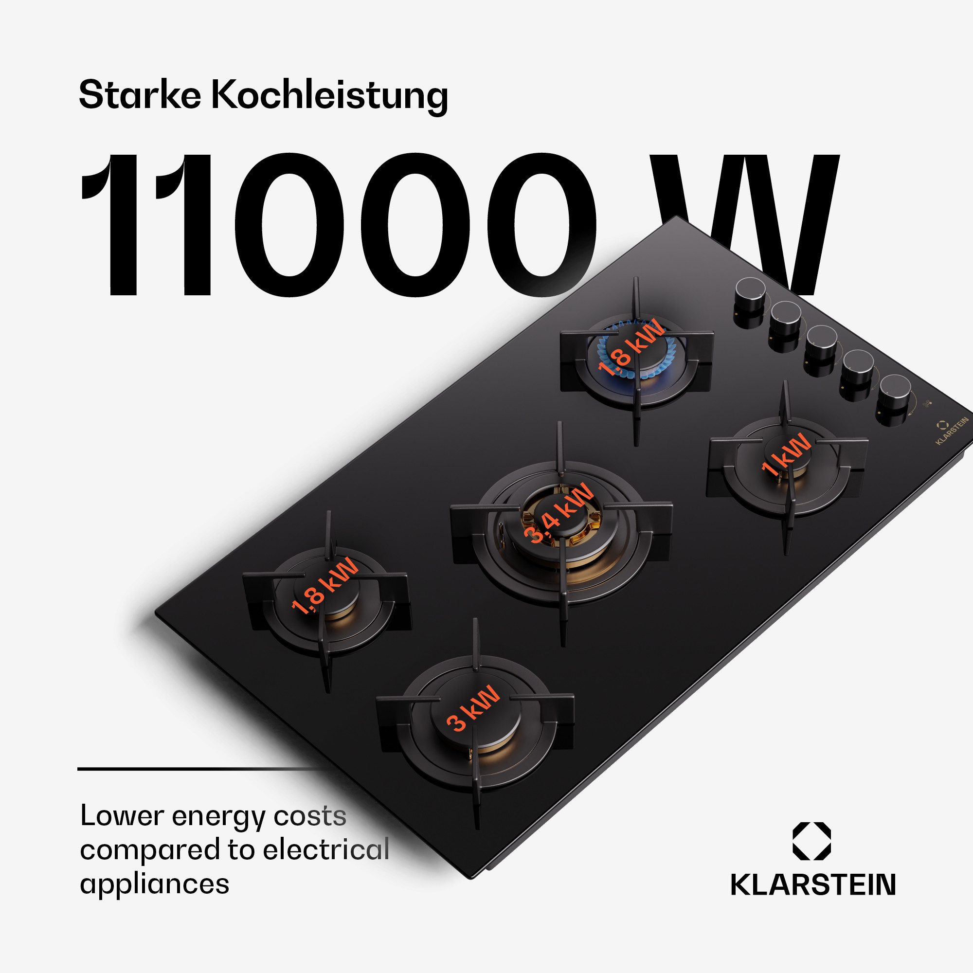 Klarstein Gas-Kochfeld Goldflame, Kochfelder Gas Hob 5 Zonen Glaskeramik Einbau