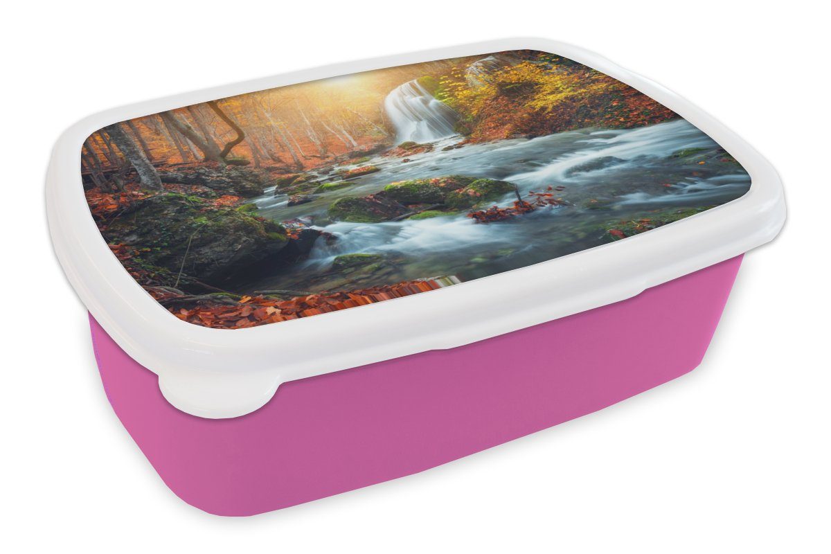 MuchoWow Lunchbox Erwachsene, - Sonne Brotbox Mädchen, Kunststoff, Kunststoff für Kinder, Wasserfall Herbst, rosa (2-tlg), Snackbox, Brotdose 