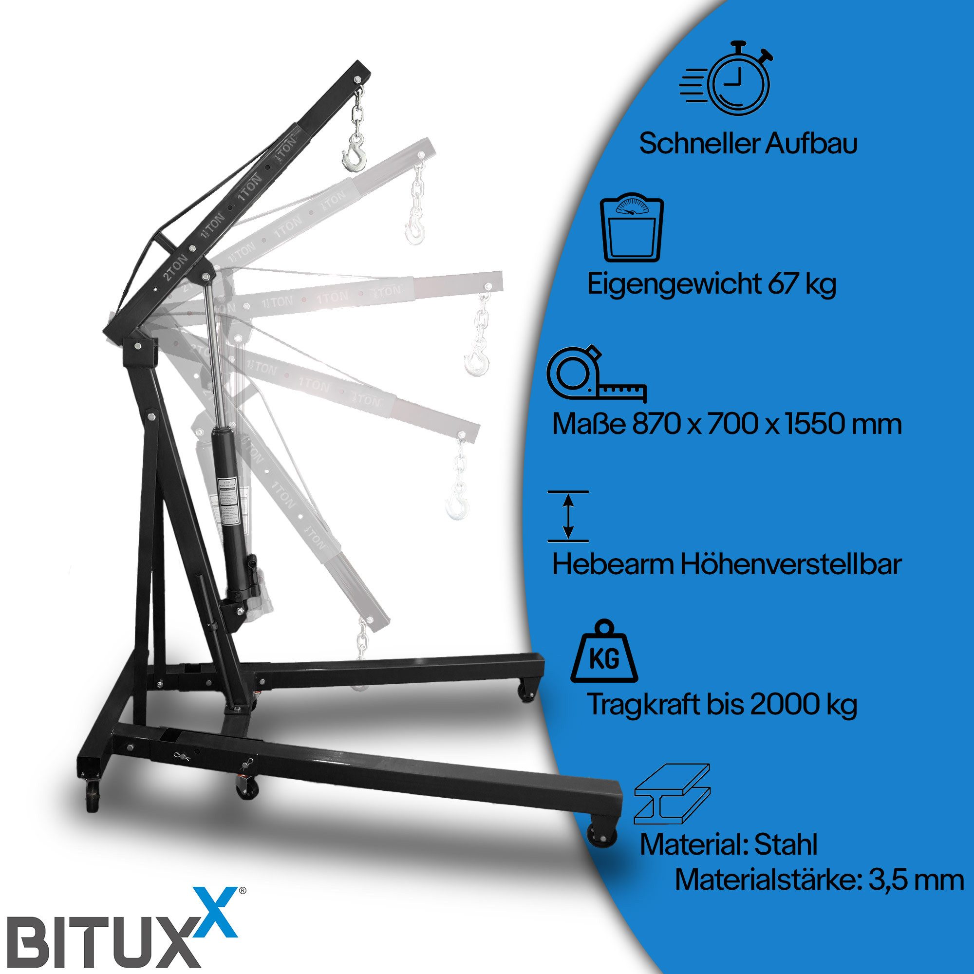 Bituxx Werkstattkran Bituxx Werkstatt Hebekran 2000kg Schwarz, MS-20144 – Bild 2 von 5