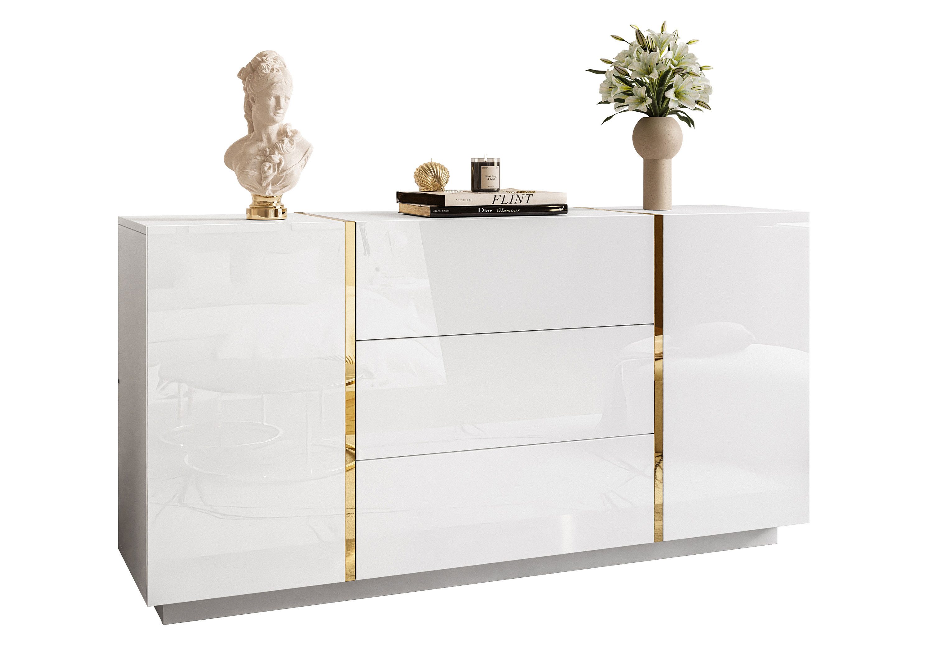 Lookway Kommode ONYX Moderne Hochglanz Sideboard mit 3 Schubladen, 158x41,3x81 cm