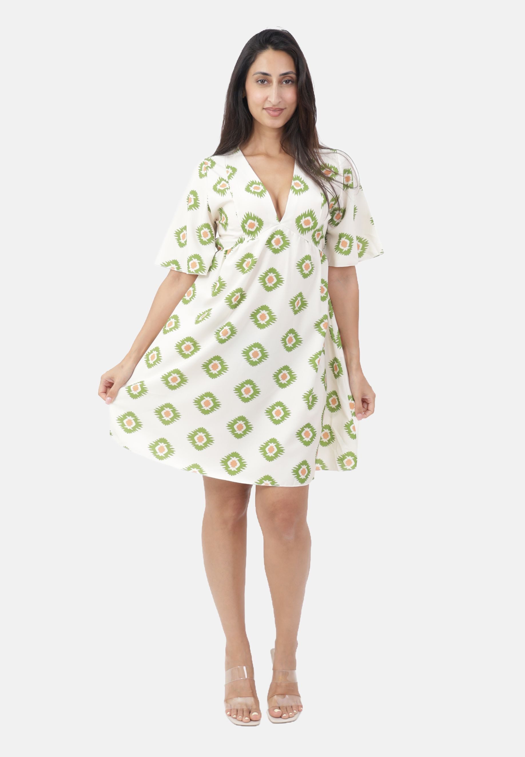 Elara Minikleid Kurzarmkleid mit V-Ausschnitt und abstraktem Muster