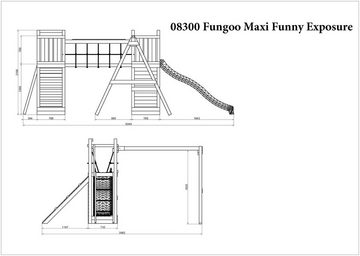 FUNGOO Spielturm Maxi Funny Exposure, Schaukel, Rutsche mit Wasseranschluss, Sandkasten, Brückenverbindung